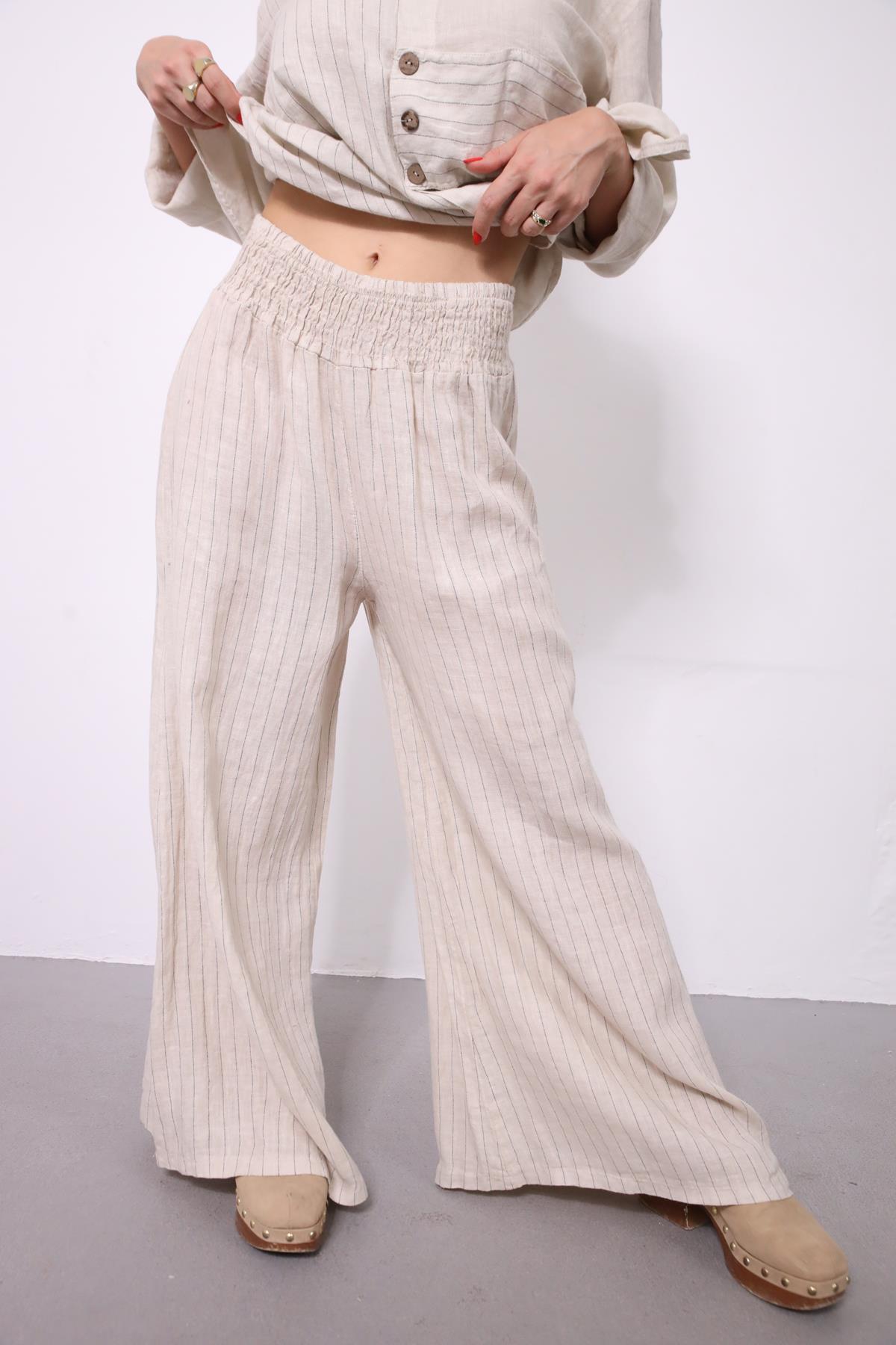  Krem Rengi Düğme Detaylı Çizgili Keten Takım