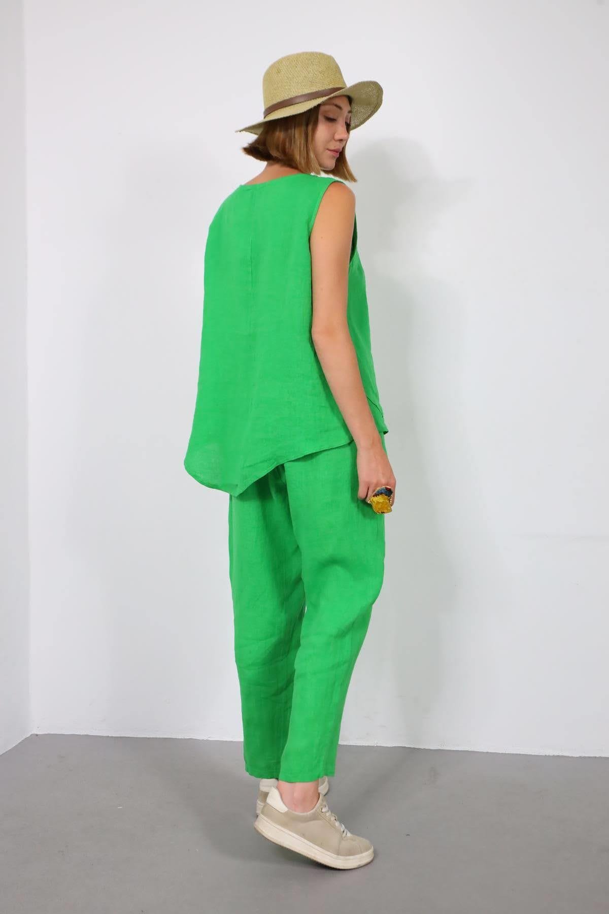  Yeşil Dikişli Sıfır Kol Bluz ve Pantolon Keten Takım