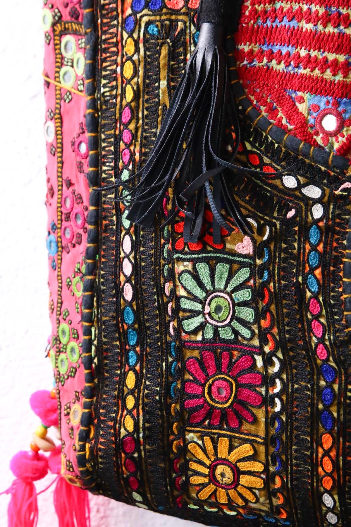  Renkli Ayna ve Deniz Kabuklu Deri Saplı Tasarım Büyük Çanta