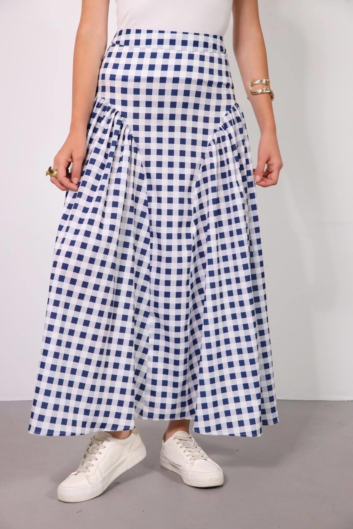  Lacivert Büzgülü Ekose Etek