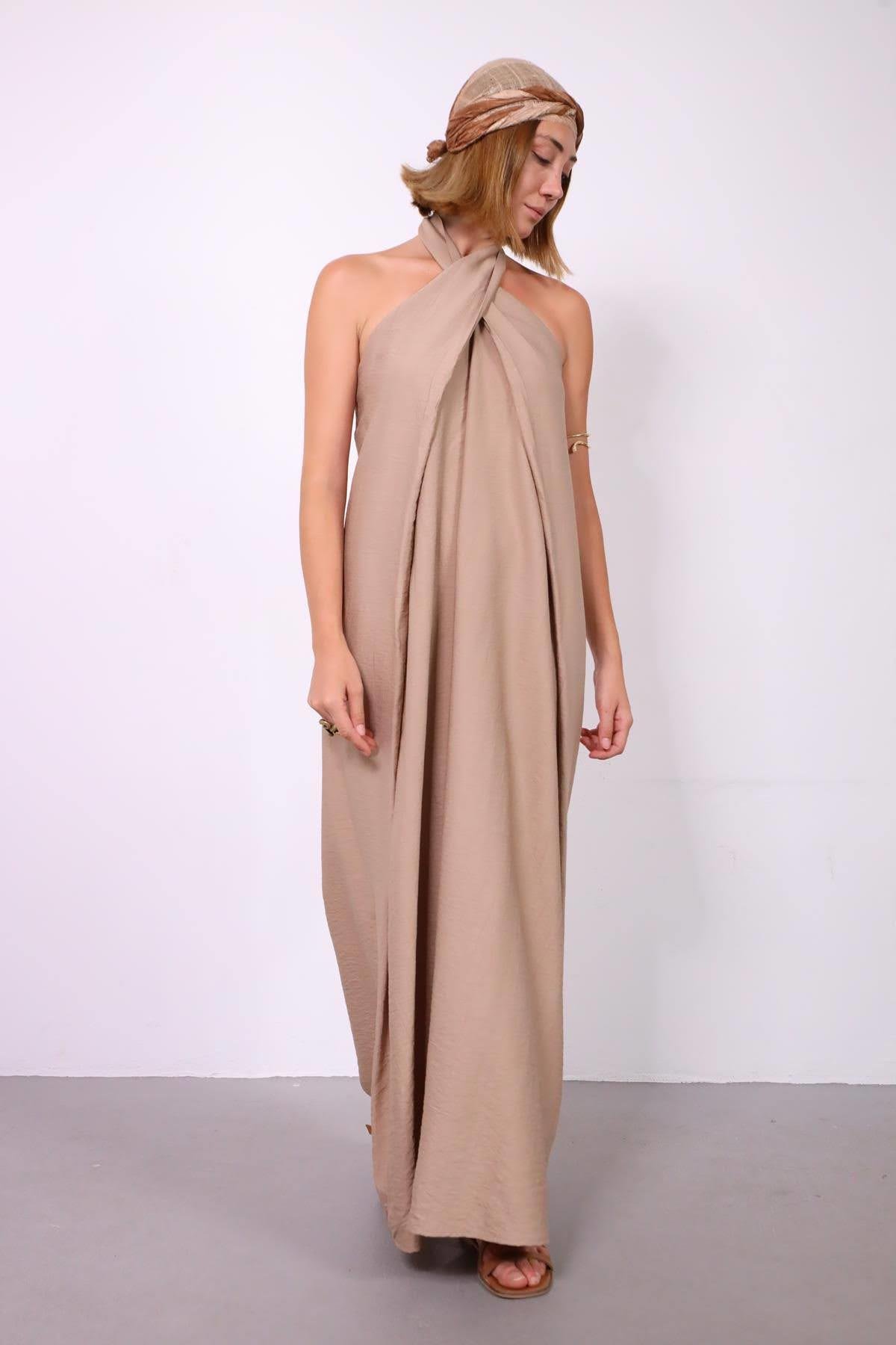 Vizon Rengi Bağlamalı Halter Yaka Elbise - Şaman Butik Vizon Rengi Bağlamalı Halter Yaka Elbise