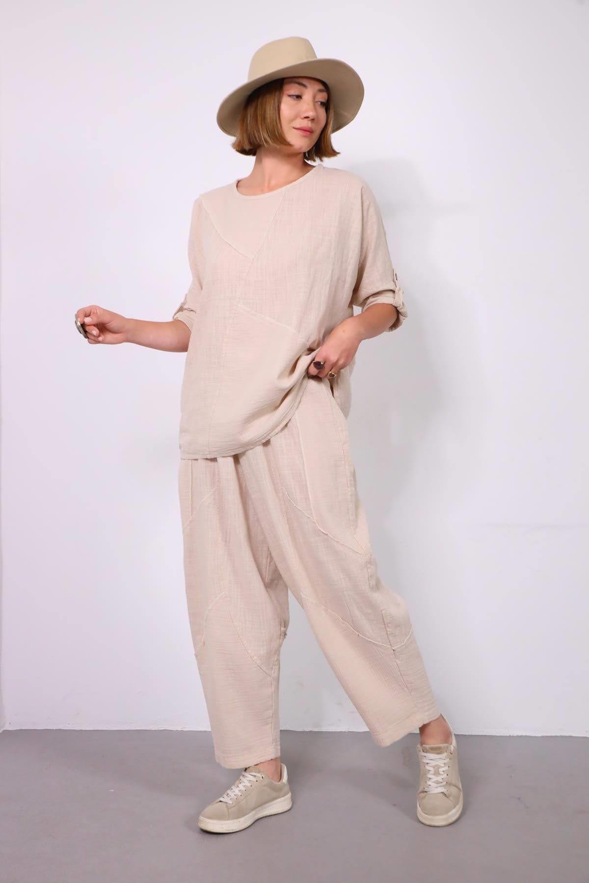  Krem Rengi Müslin Parçalı Dikişli Pantolon ve Bluz Takım