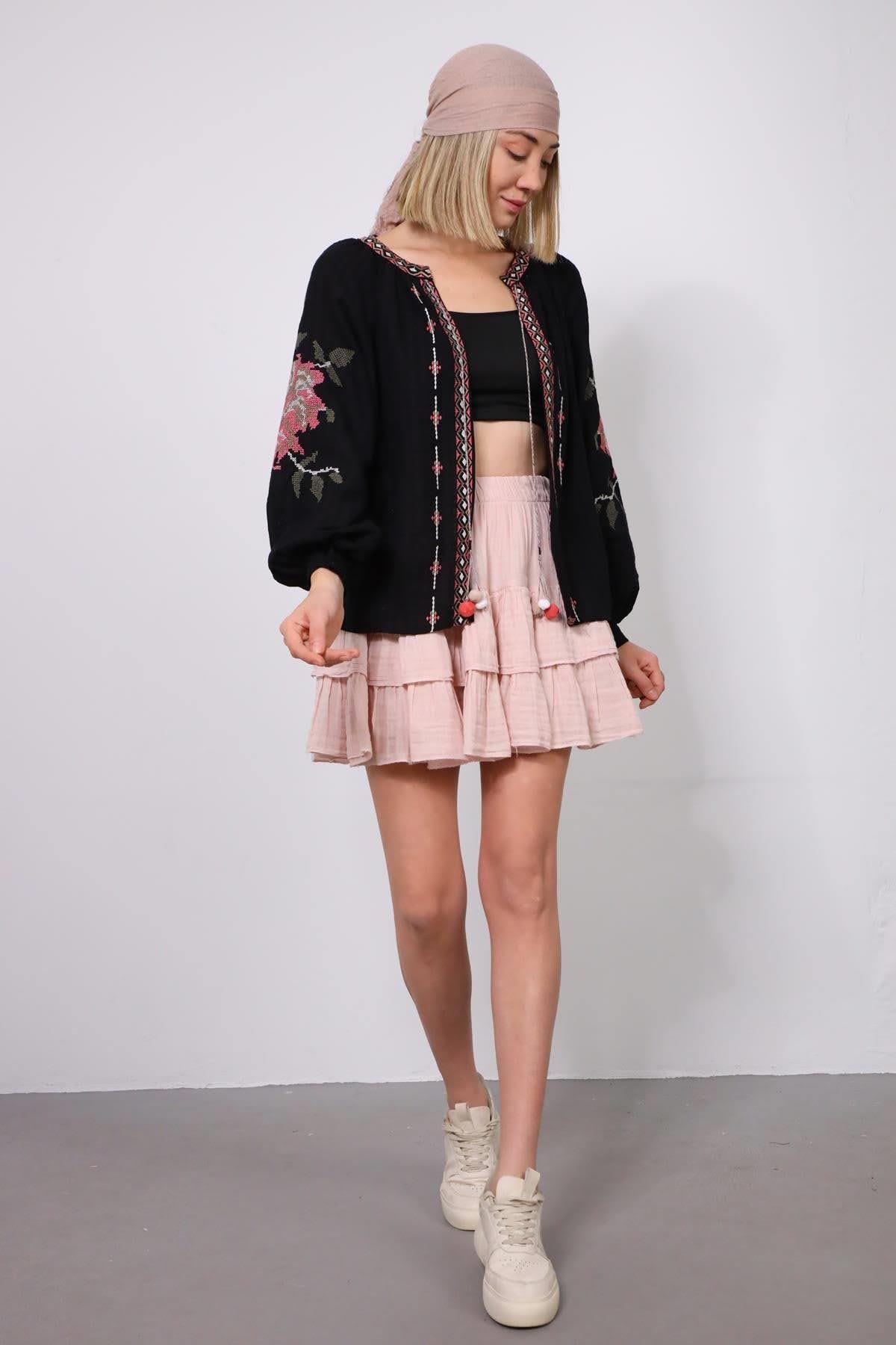 Black Embroidered Jacket with Pompoms - Saman Butik | Shop Online Black Embroidered Jacket with Pompoms