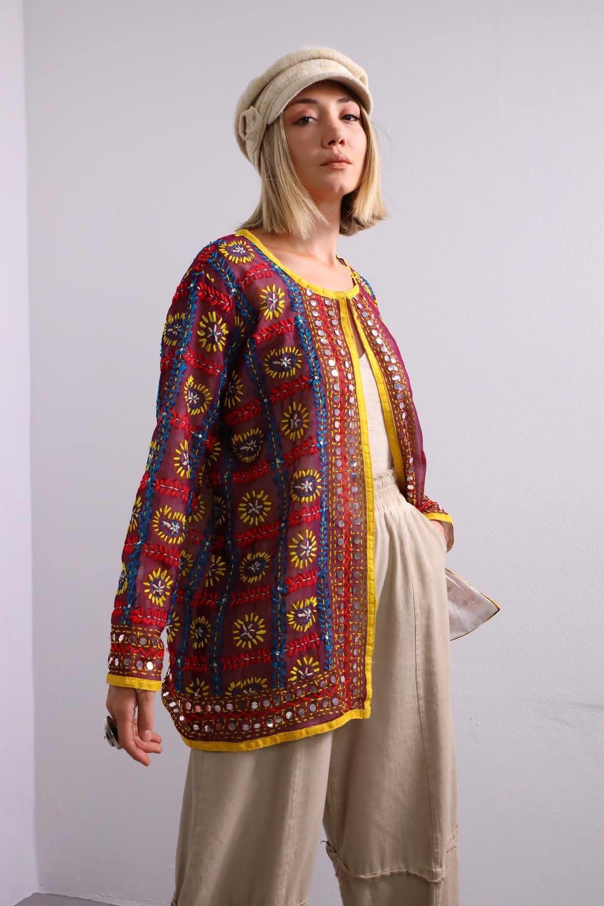 Bordo İşlemeli Bohem Kısa Ceket - Şaman Butik Bordo İşlemeli Bohem Kısa Ceket