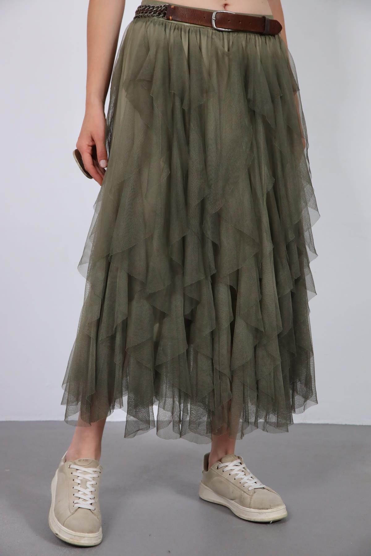  Haki Yağ Yıkama Volanlı Tül Etek
