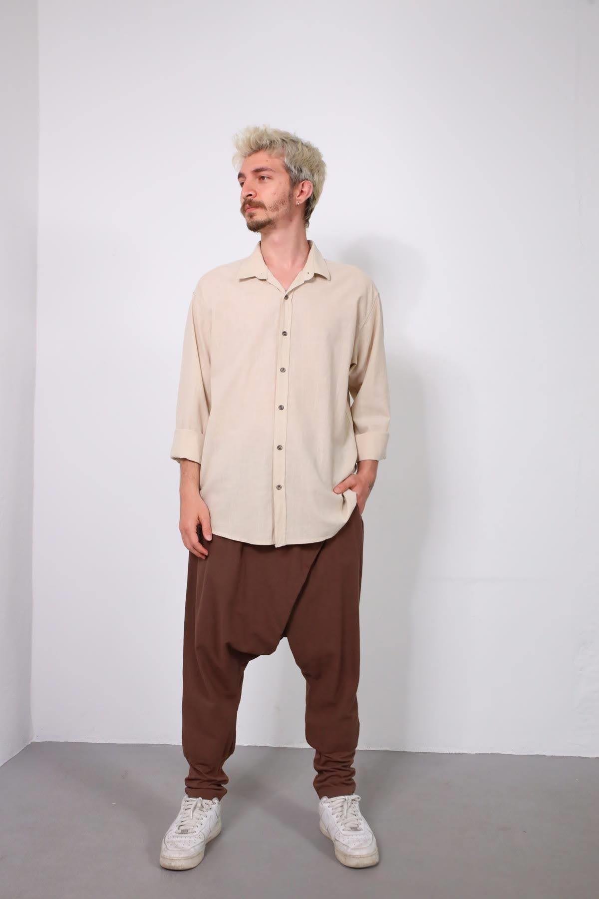  Kahverengi Çapraz Pileli Tek Düğme Pantolon