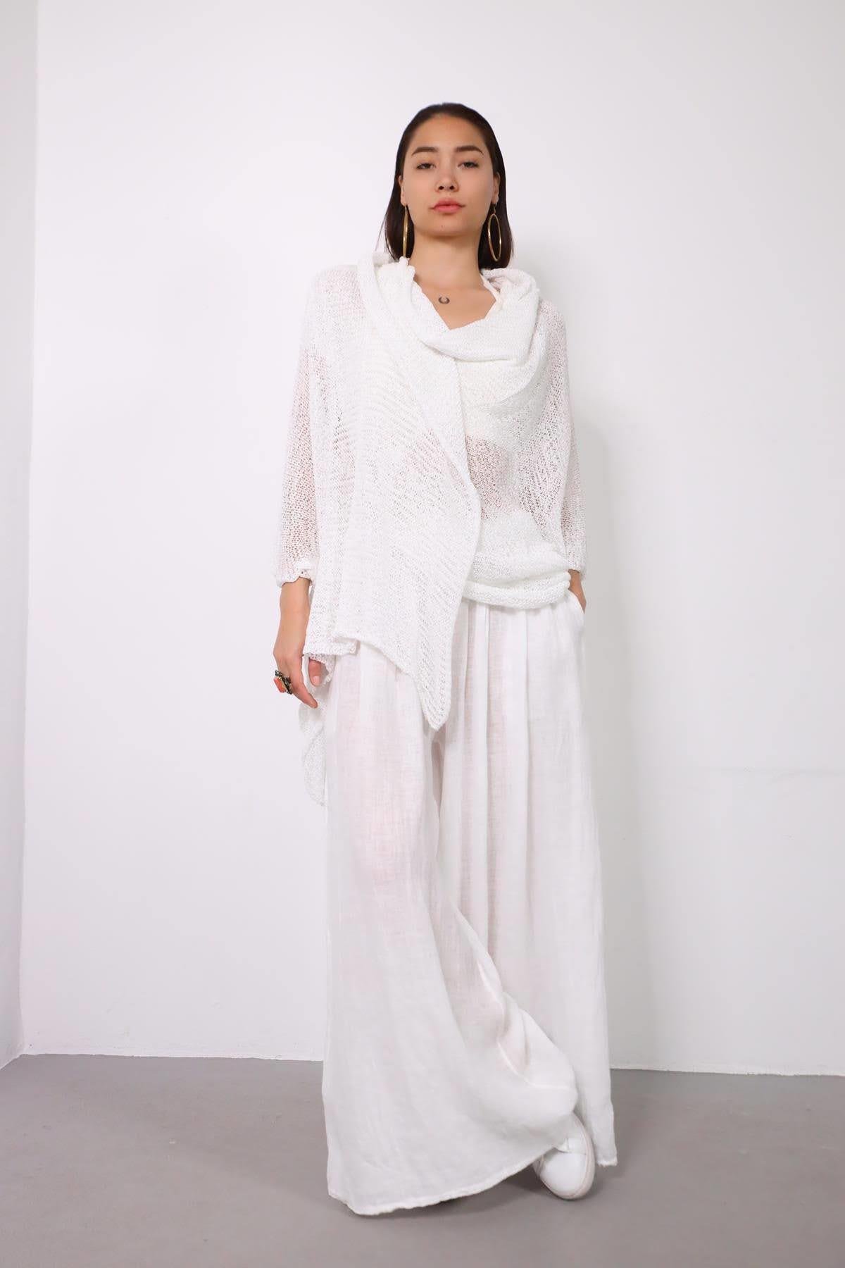 White Mercerized Hoodie Cardigan - Saman Butik | Shop Online White Mercerized Hoodie Cardigan