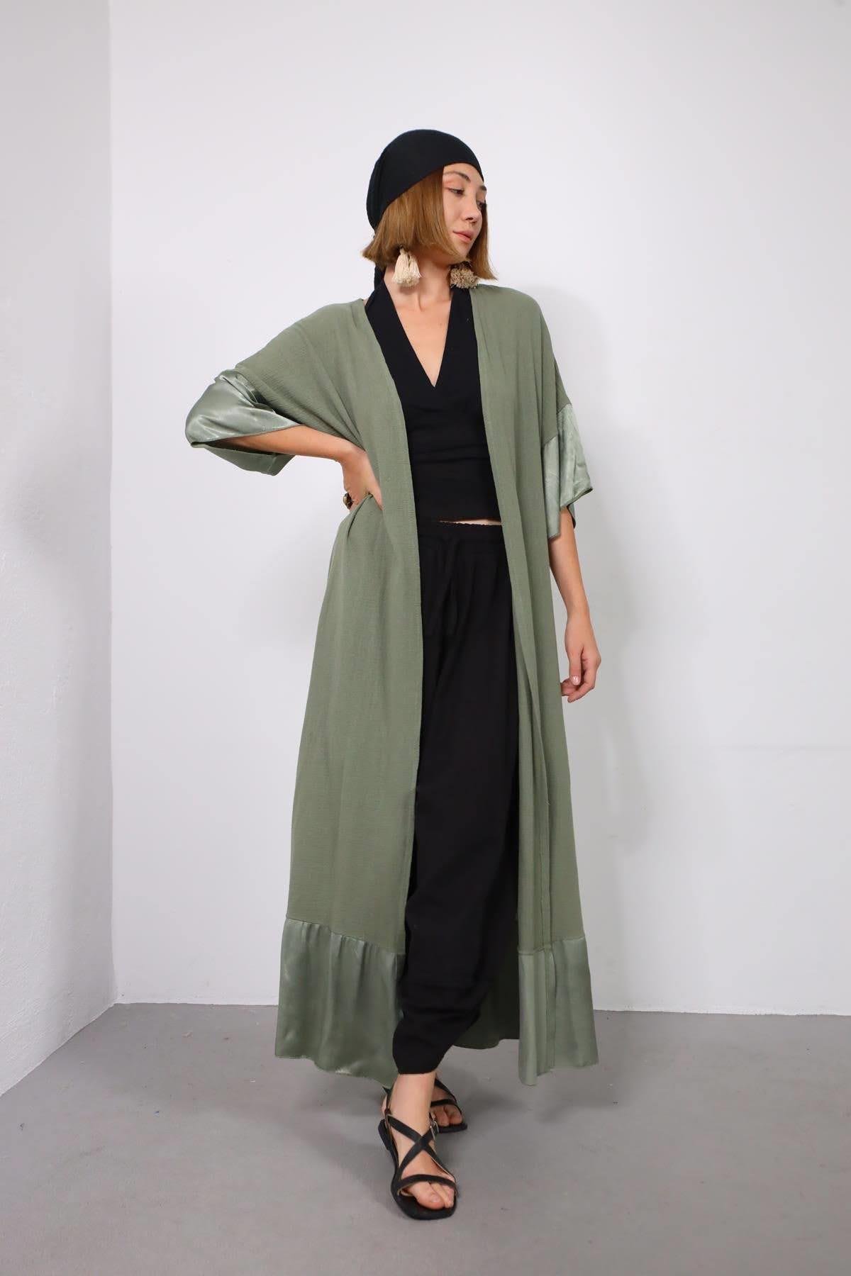 Haki Kolları ve Eteği Saten Detaylı Kaftan - Şaman Butik Haki Kolları ve Eteği Saten Detaylı Kaftan