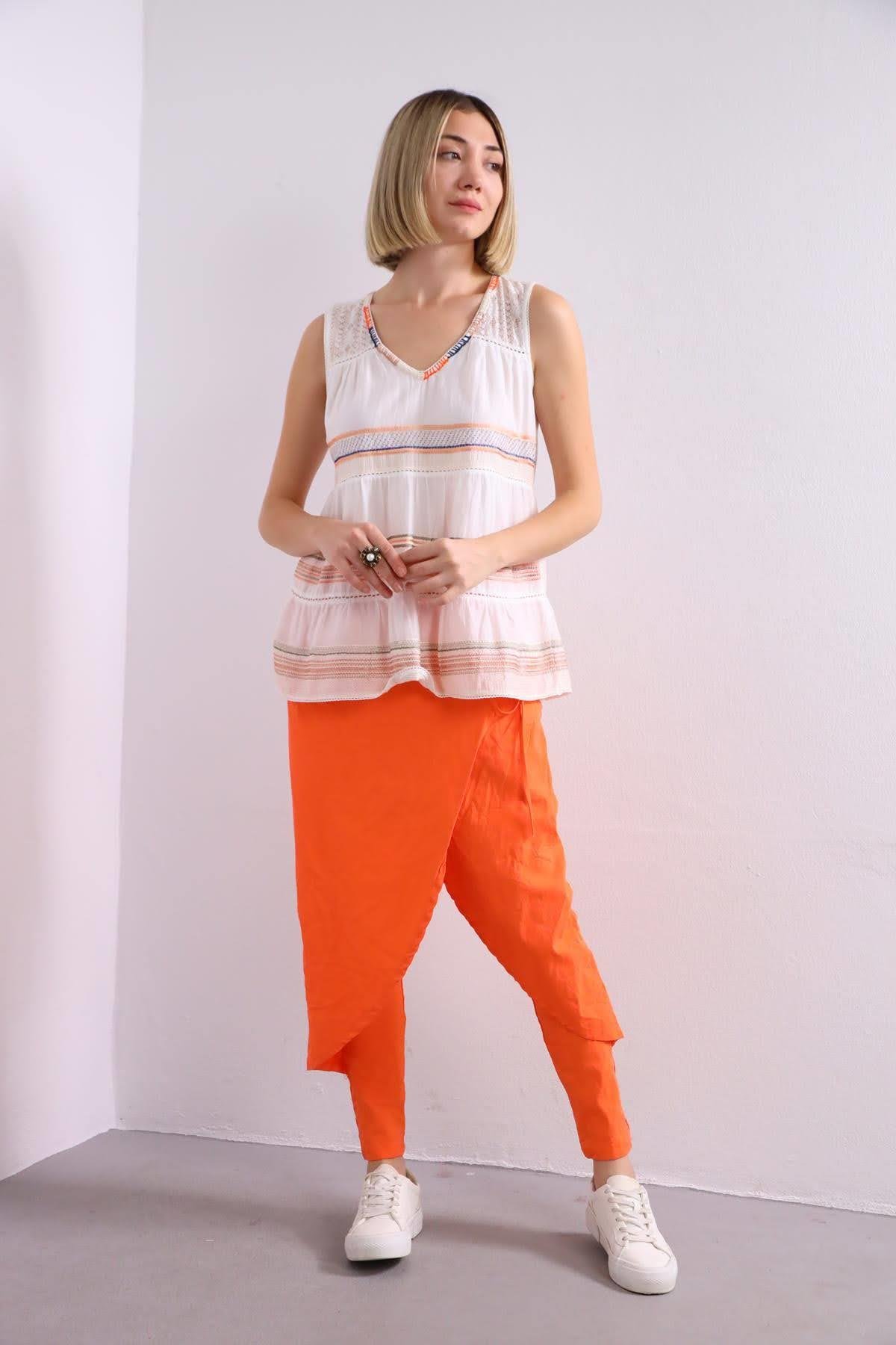 Turuncu Parça Detay Önü Bağlamalı Pantolon - Şaman Butik Turuncu Parça Detay Önü Bağlamalı Pantolon