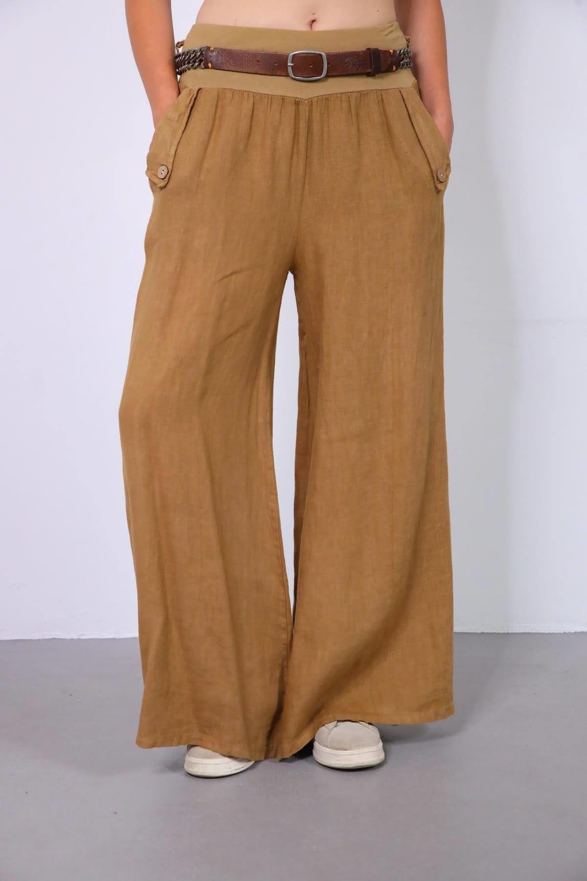  Camel Rengi Cebi Tek Düğmeli Salaş Keten Pantolon