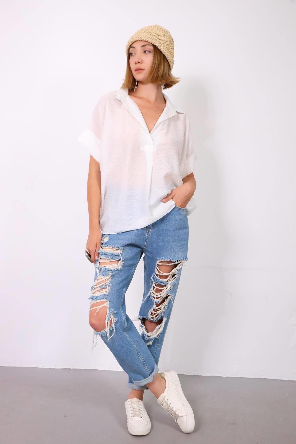 Beyaz Önü Pileli Yarasa Kol Gömlek Yaka Bluz - Şaman Butik Beyaz Önü Pileli Yarasa Kol Gömlek Yaka Bluz