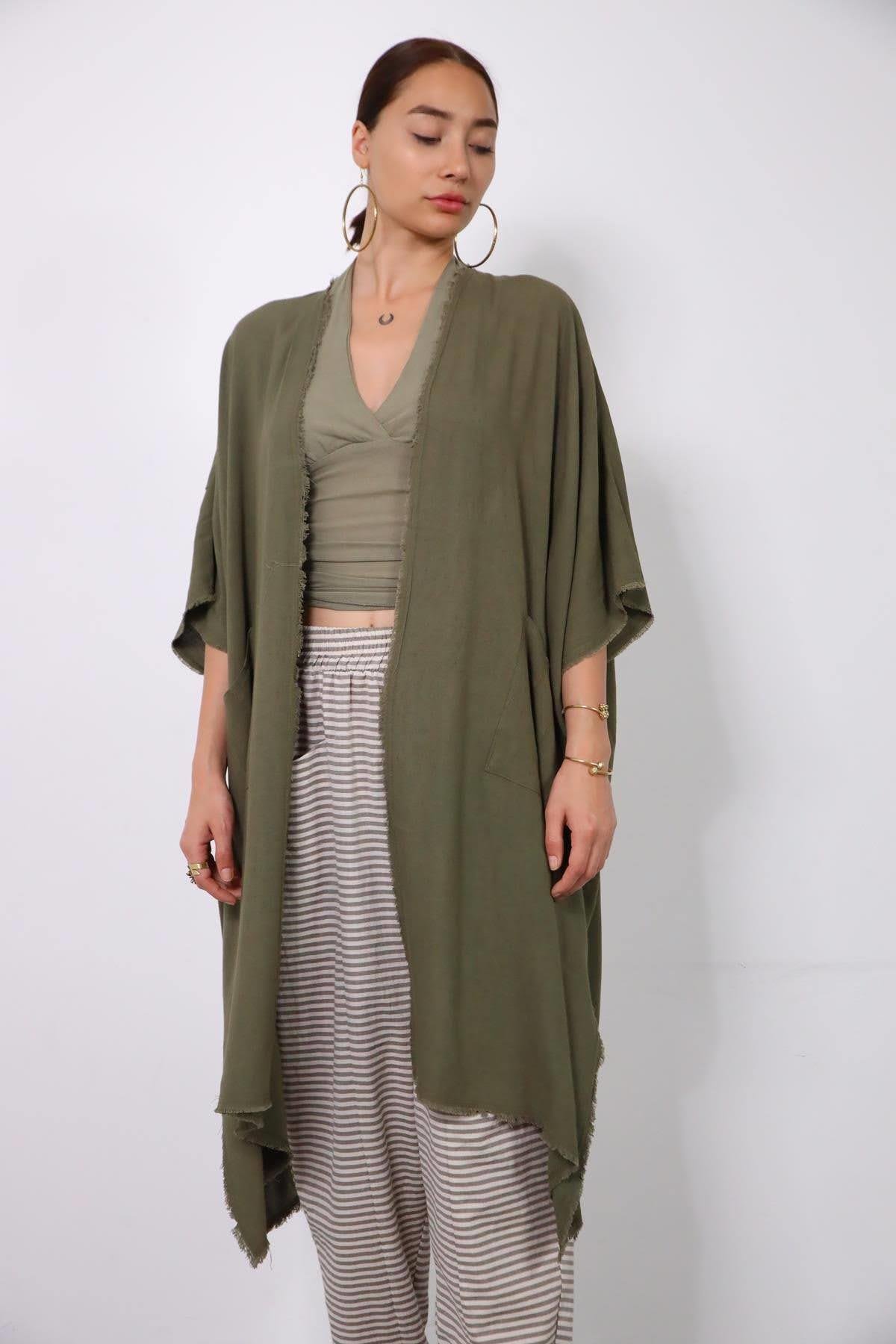 Khaki Fringed Short Sleeve Caftan - Saman Butik | Shop Online Khaki Fringed Short Sleeve Caftan