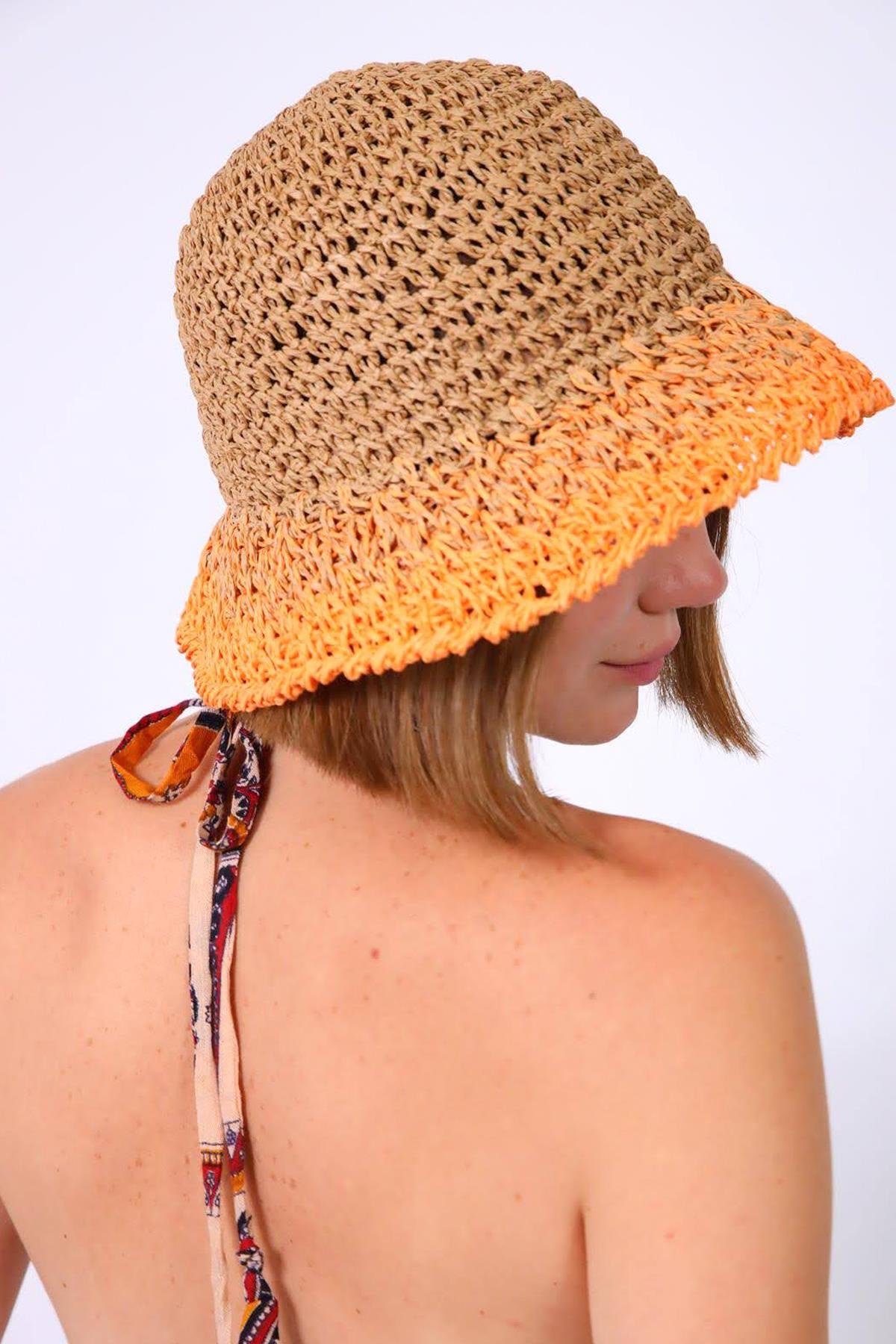 Turuncu Camel Rengi Geçişli El Örgüsü Hasır Şapka