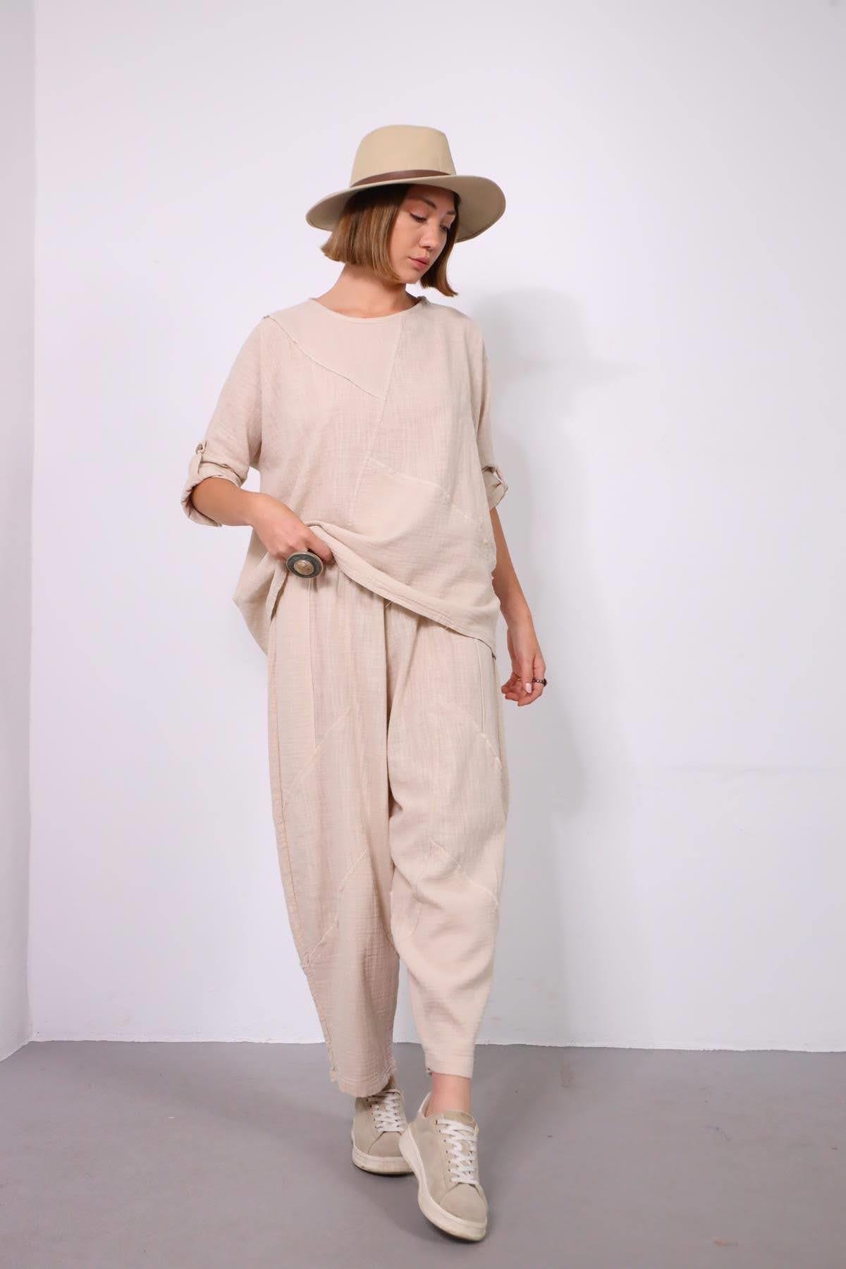  Krem Rengi Müslin Parçalı Dikişli Pantolon ve Bluz Takım