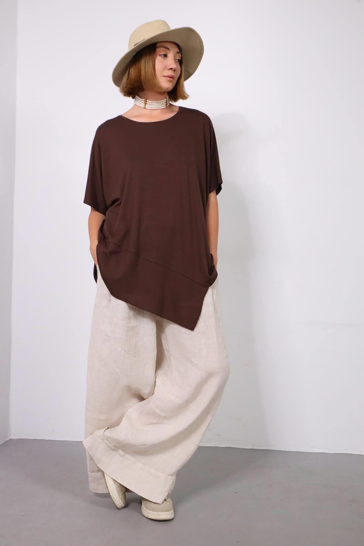 Kahverengi Altı Parçalı Kısa Kollu Bluz - Şaman Butik Kahverengi Altı Parçalı Kısa Kollu Bluz