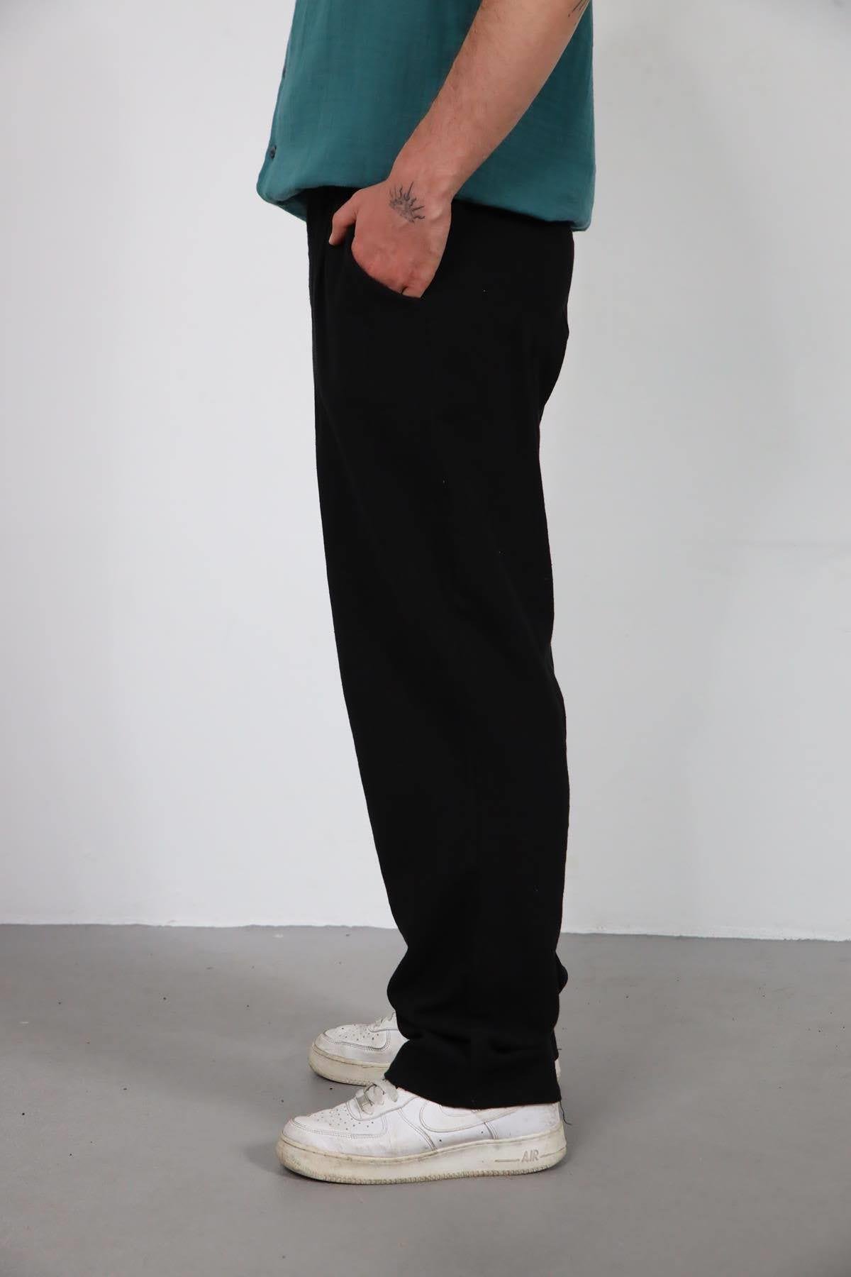  Siyah Beli Lastikli Pileli Pantolon