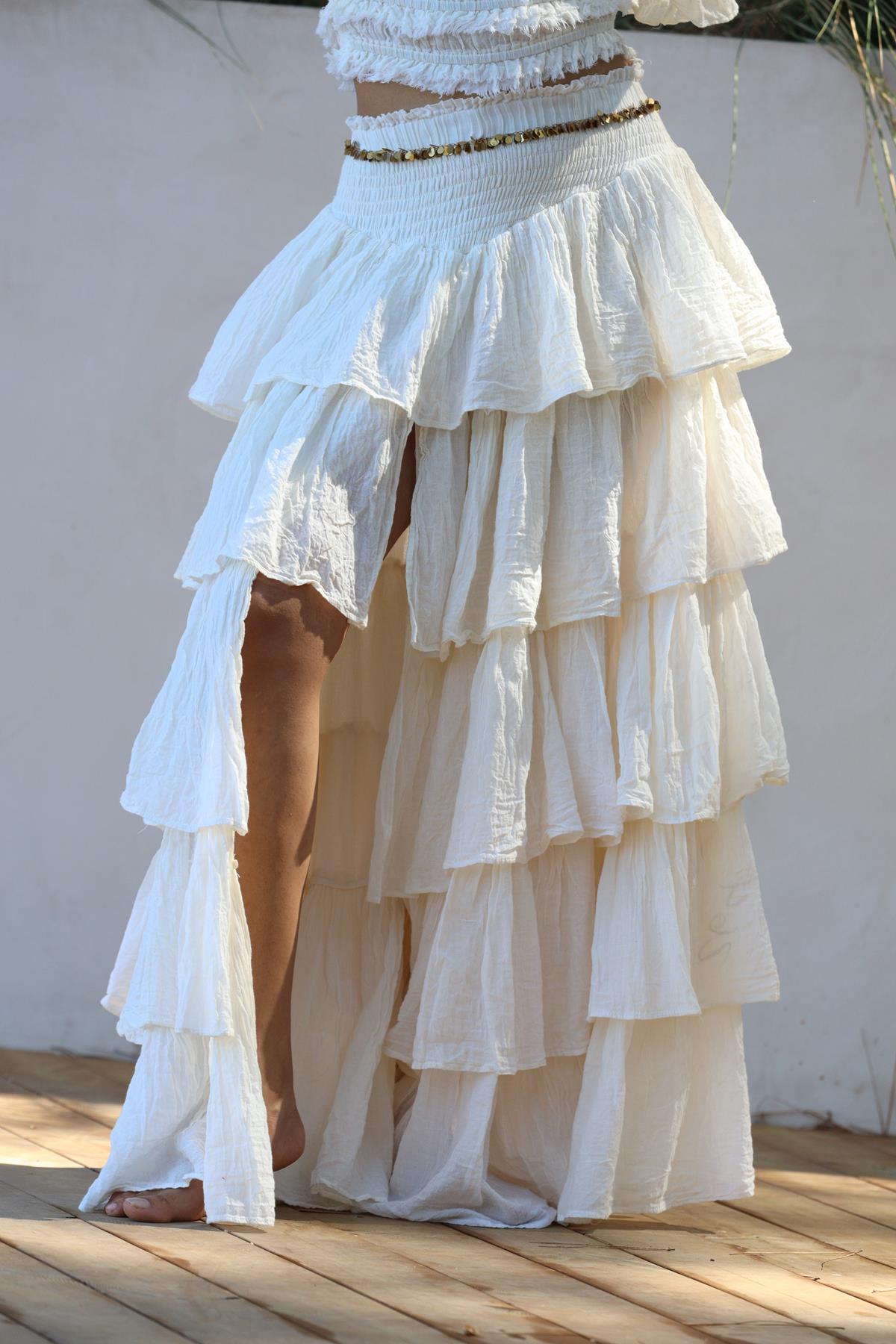  Ekru Önü Yırtmaçlı Kat Kat Bohem Elbise Etek