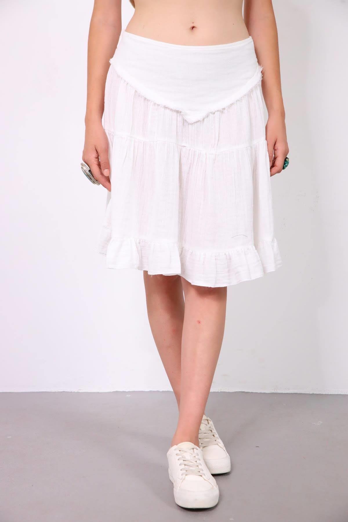  Beyaz Asimetrik Püsküllü Müslin Etek