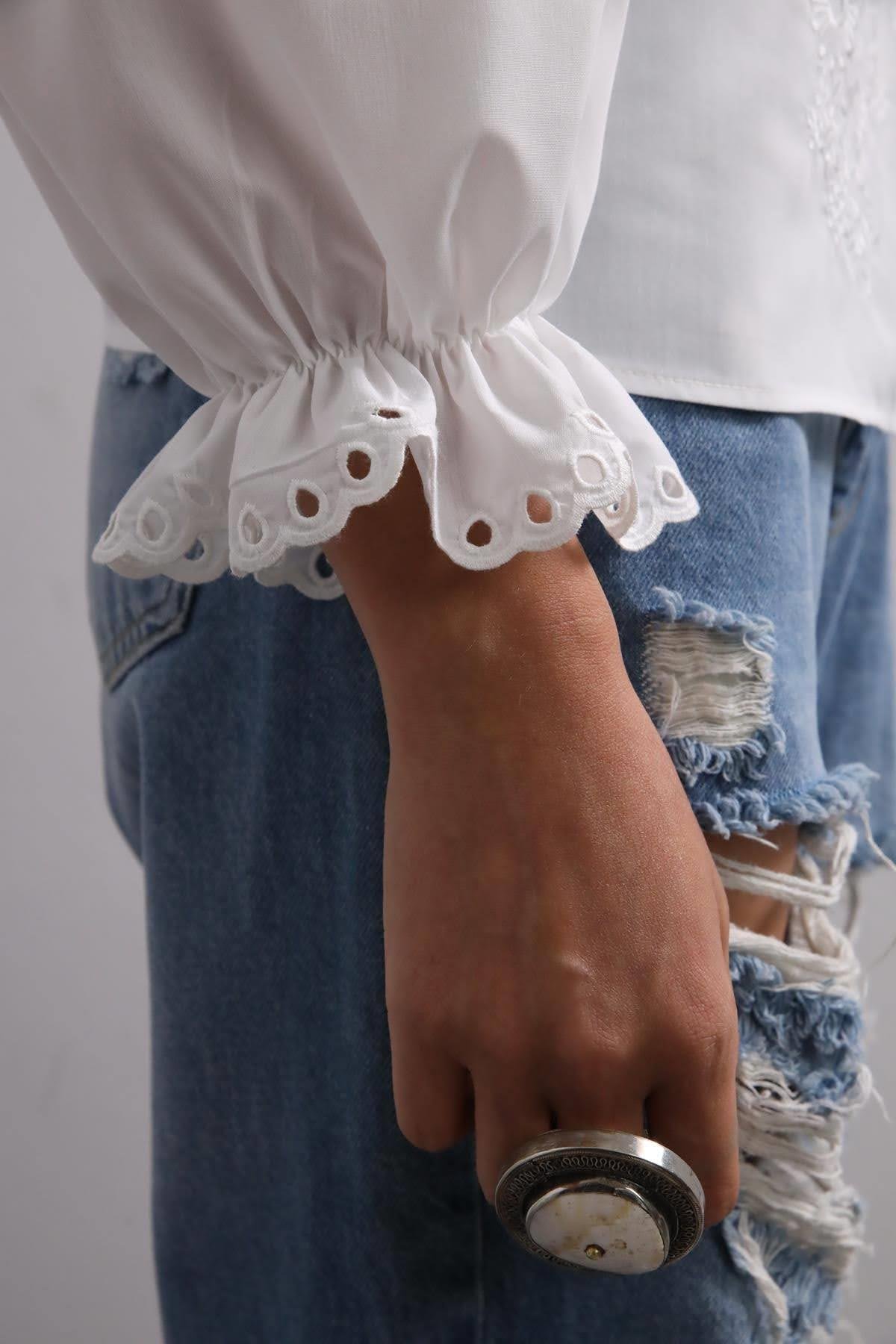 Navy Blue Floral Stitched Waist Shirt Dress - Şaman Butik White Guipure Detail Vintage Shirt