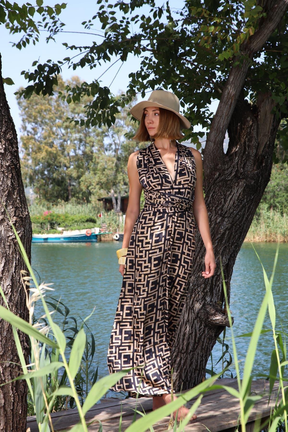 Siyah Desenli Gold Detaylı İpek Tulum - Şaman Butik Siyah Desenli Gold Detaylı İpek Tulum