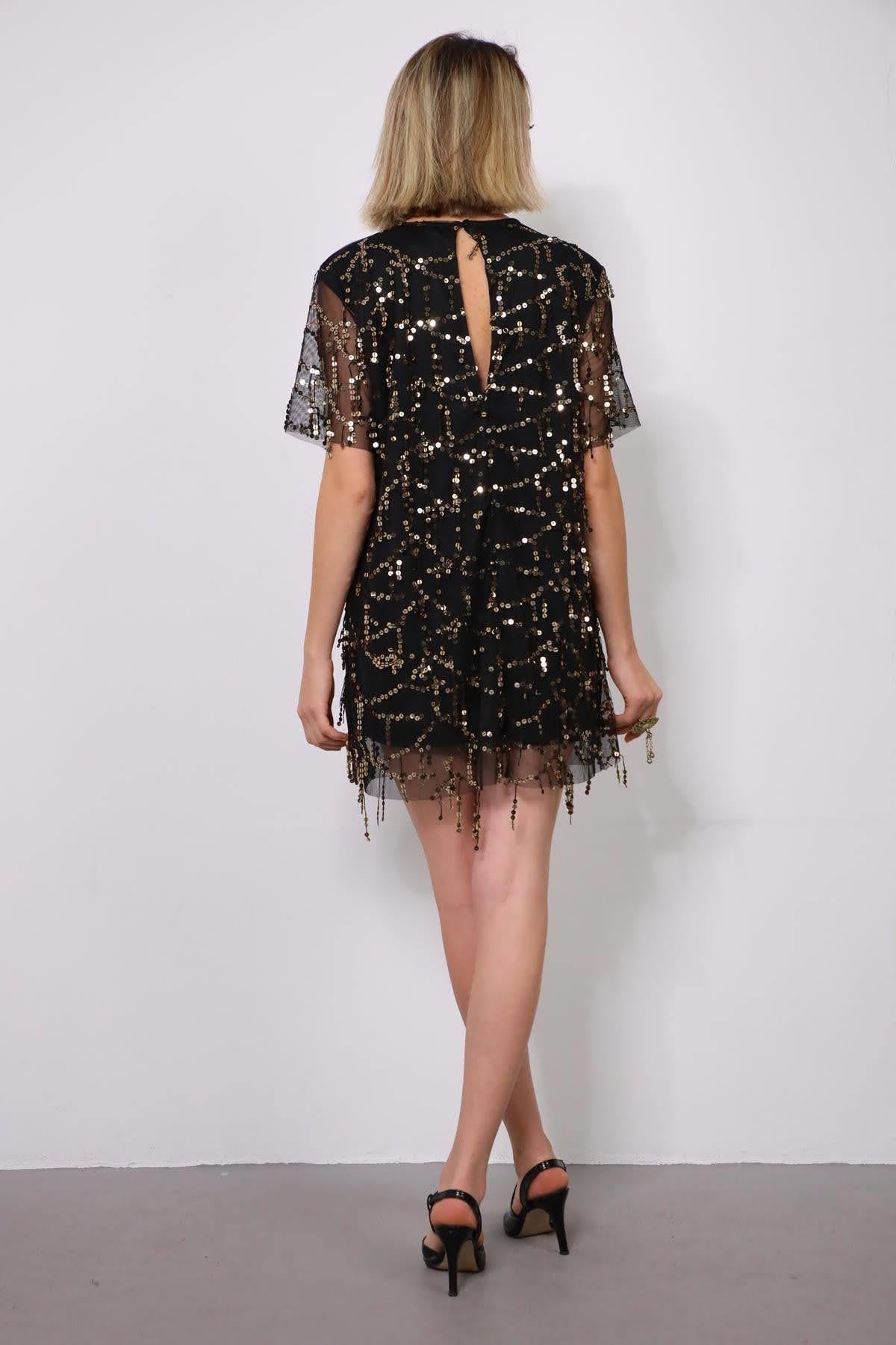 Siyah Payet Püsküllü Elbise - Şaman Butik Siyah Payet Püsküllü Elbise