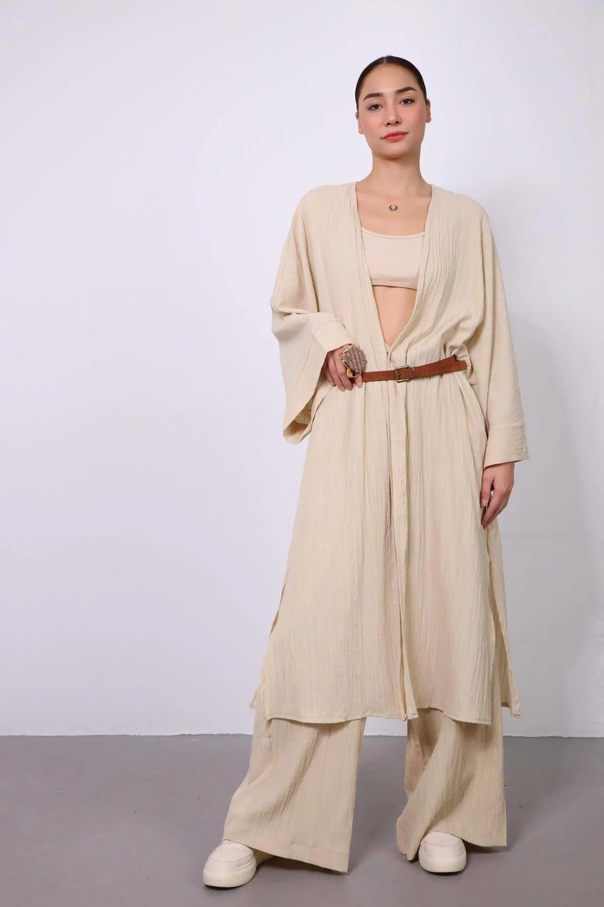 Cream Seersucker Long Kimono Pair - Saman Butik | Shop Online Cream Seersucker Long Kimono Pair
