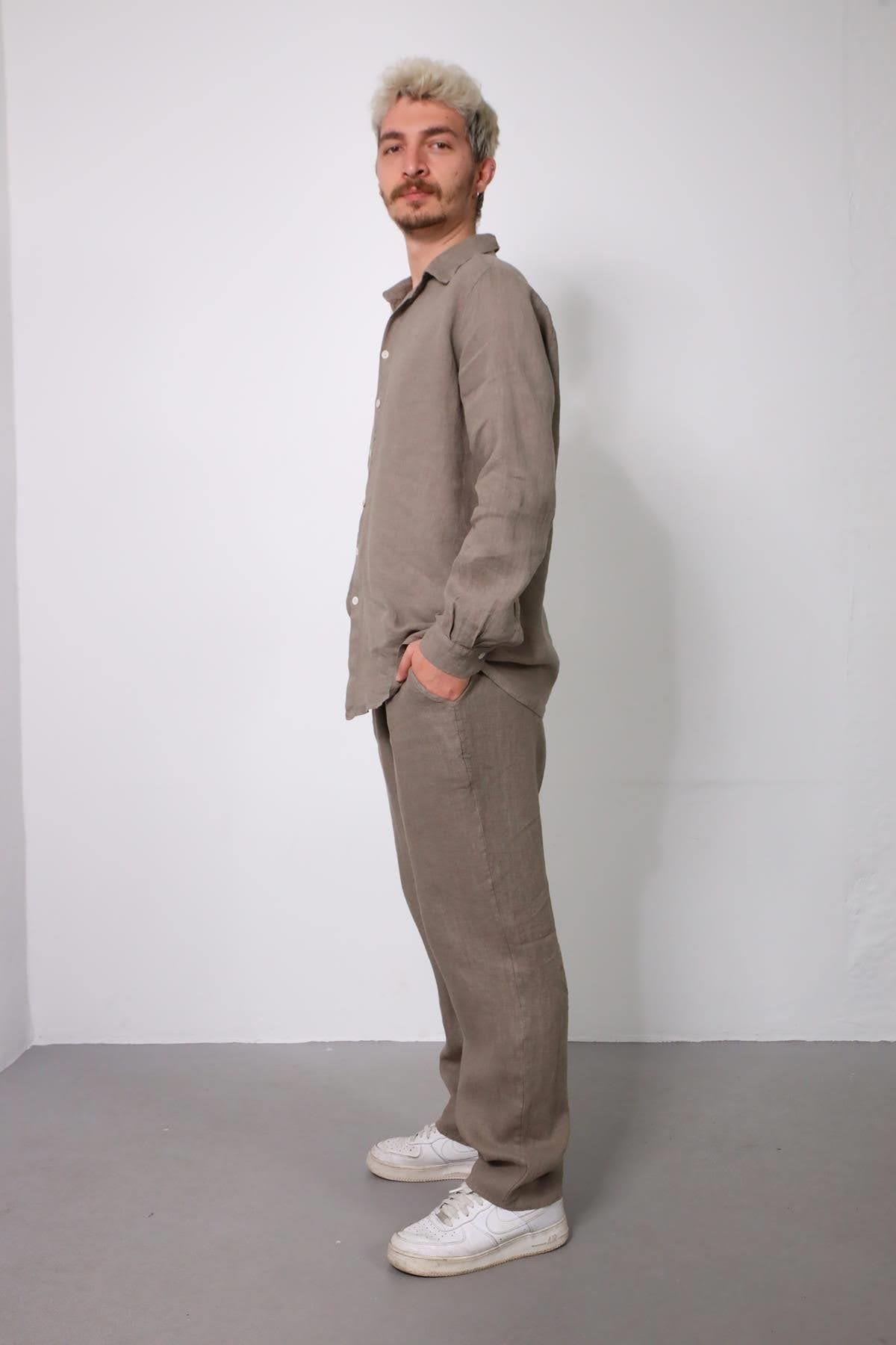  Vizon Rengi Keten Erkek Pantolon ve Gömlek Takım