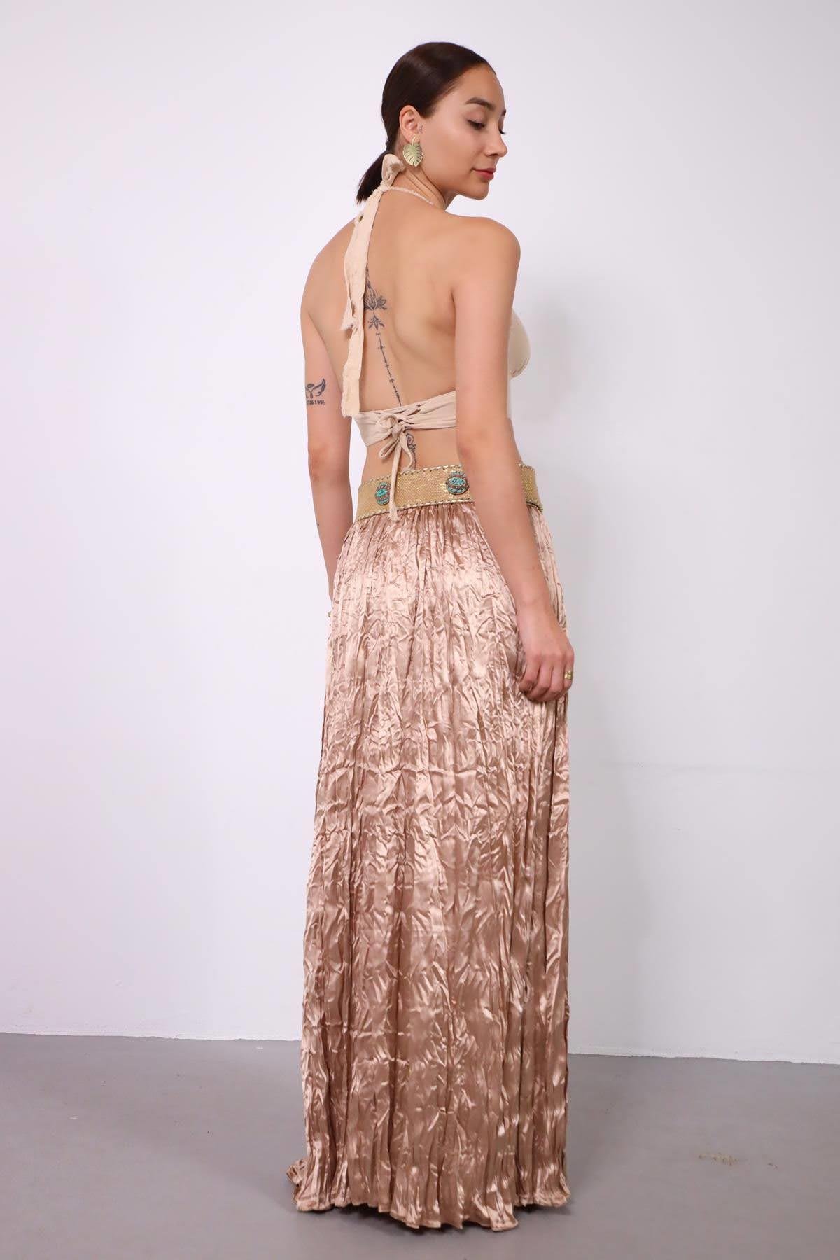  Bej Beli Yarım Lastikli Crash Etek