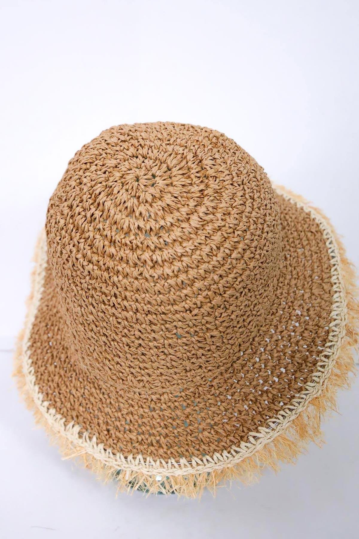  Camel Rengi Saçaklı El Örgüsü Hasır Şapka