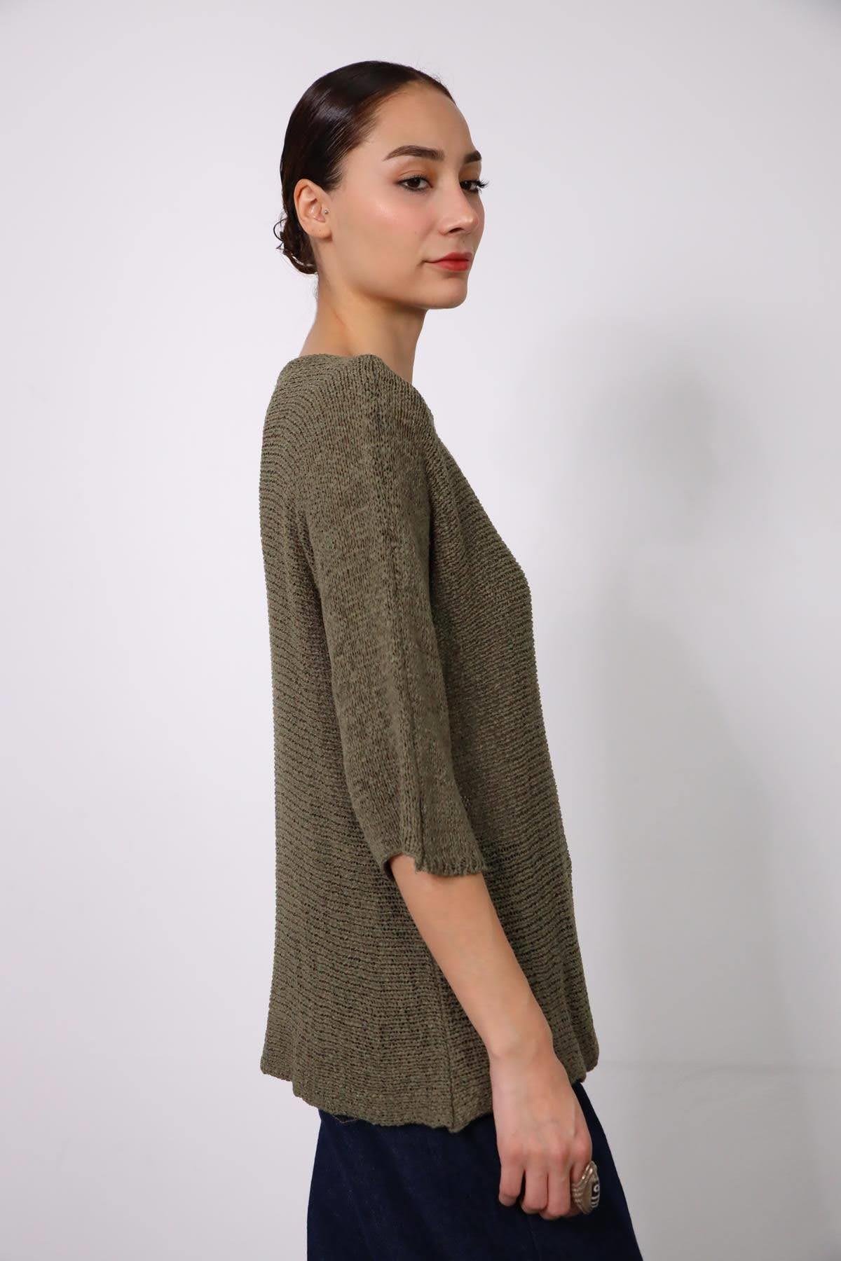 Khaki Boat Neck Elbow Sleeve Mercerized Blouse - Saman Butik Khaki Boat Neck Elbow Sleeve Mercerized Blouse