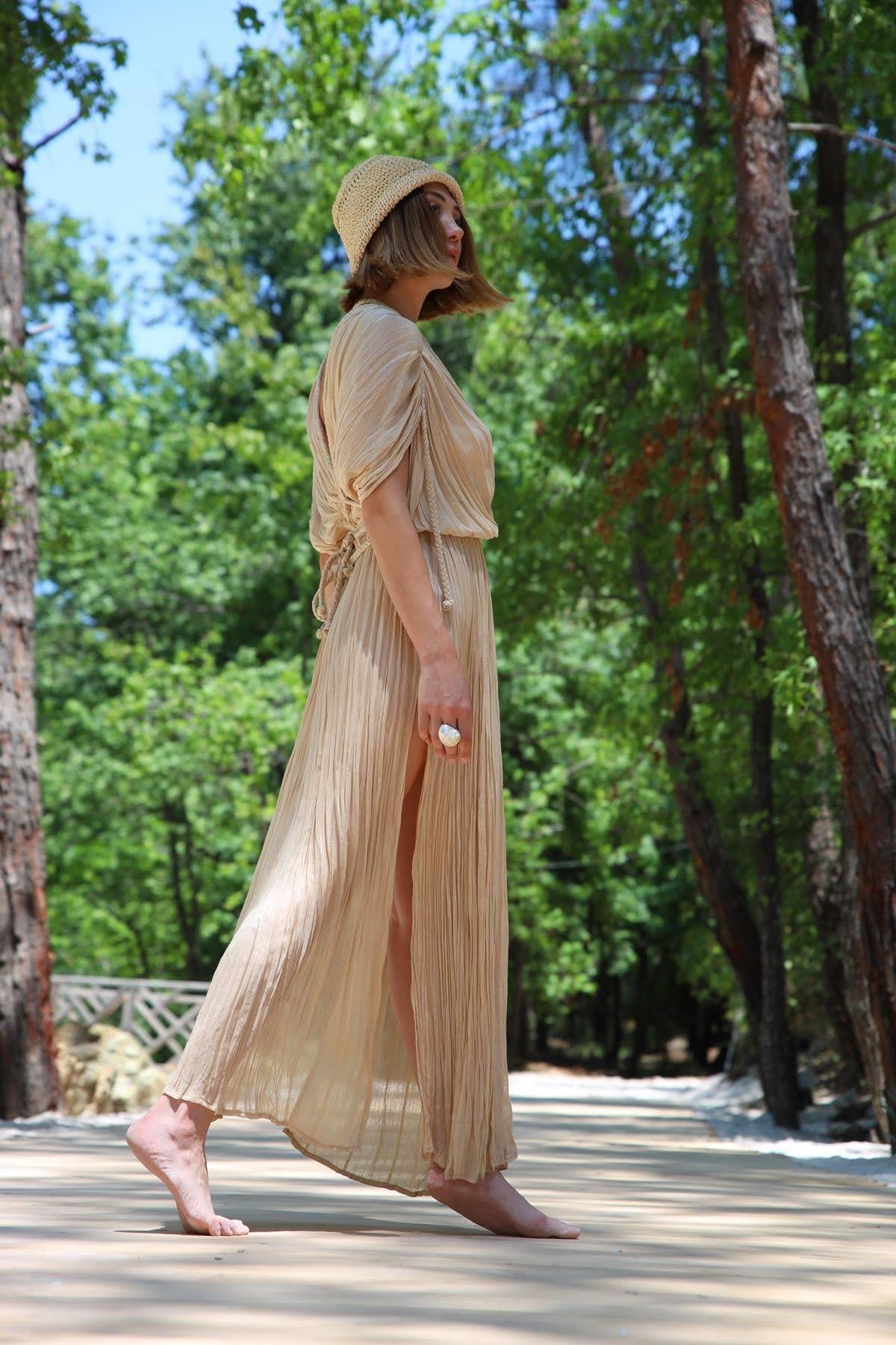  Krem Rengi Örgü Detaylı Beli Lastikli Kimono