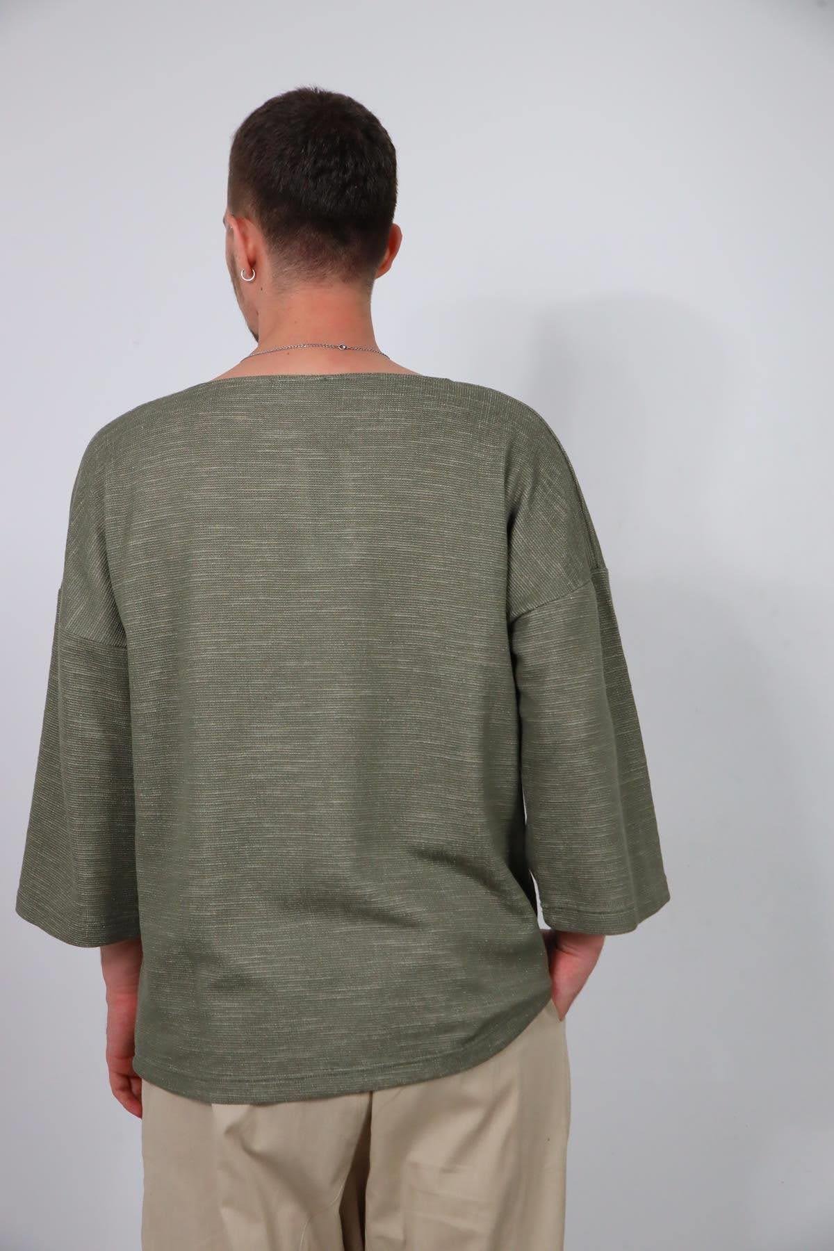  Haki Geniş Yaka Truvakar Kol Erkek Sweatshirt