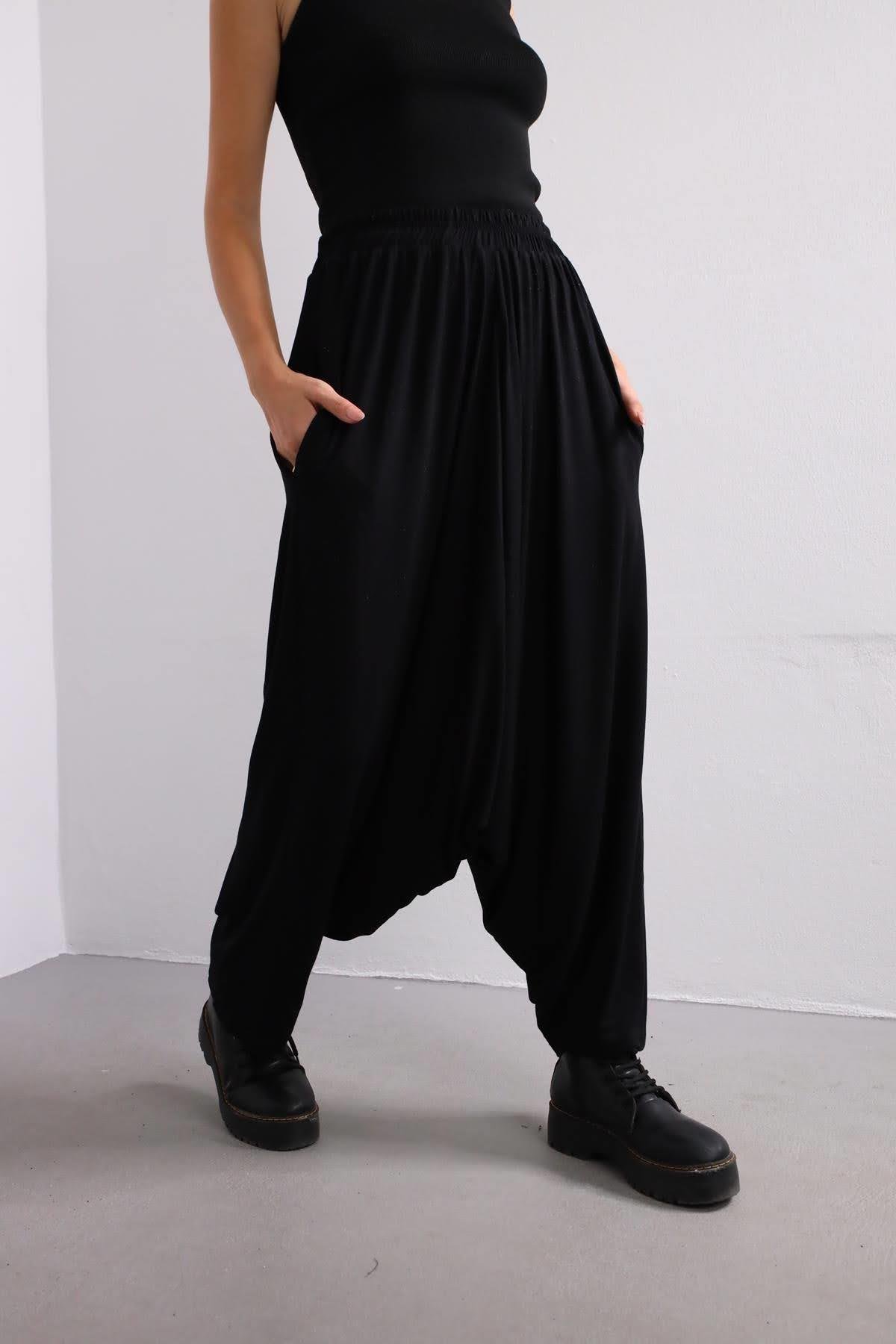  Siyah Beli Lastikli Cepli Şalvar