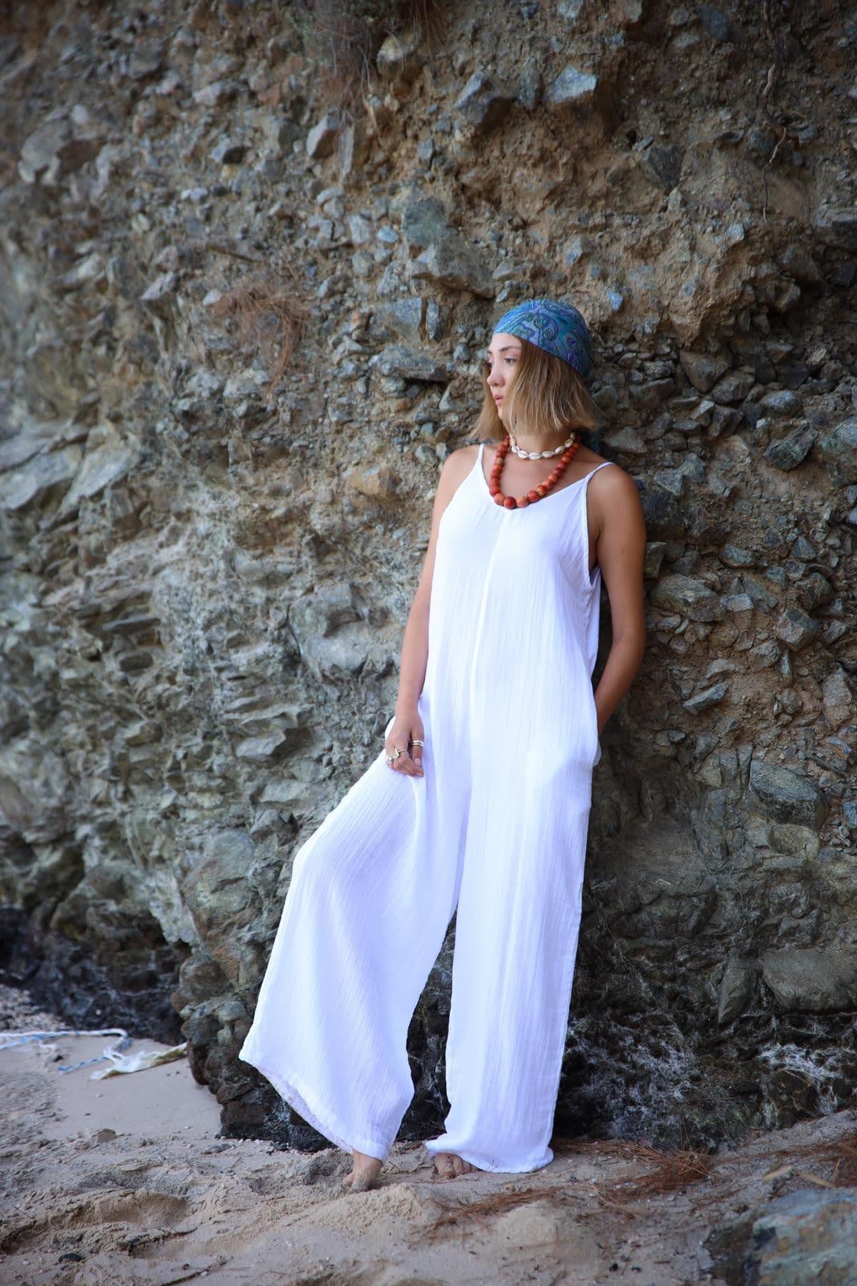  Beyaz Askılı Salaş Müslin Tulum