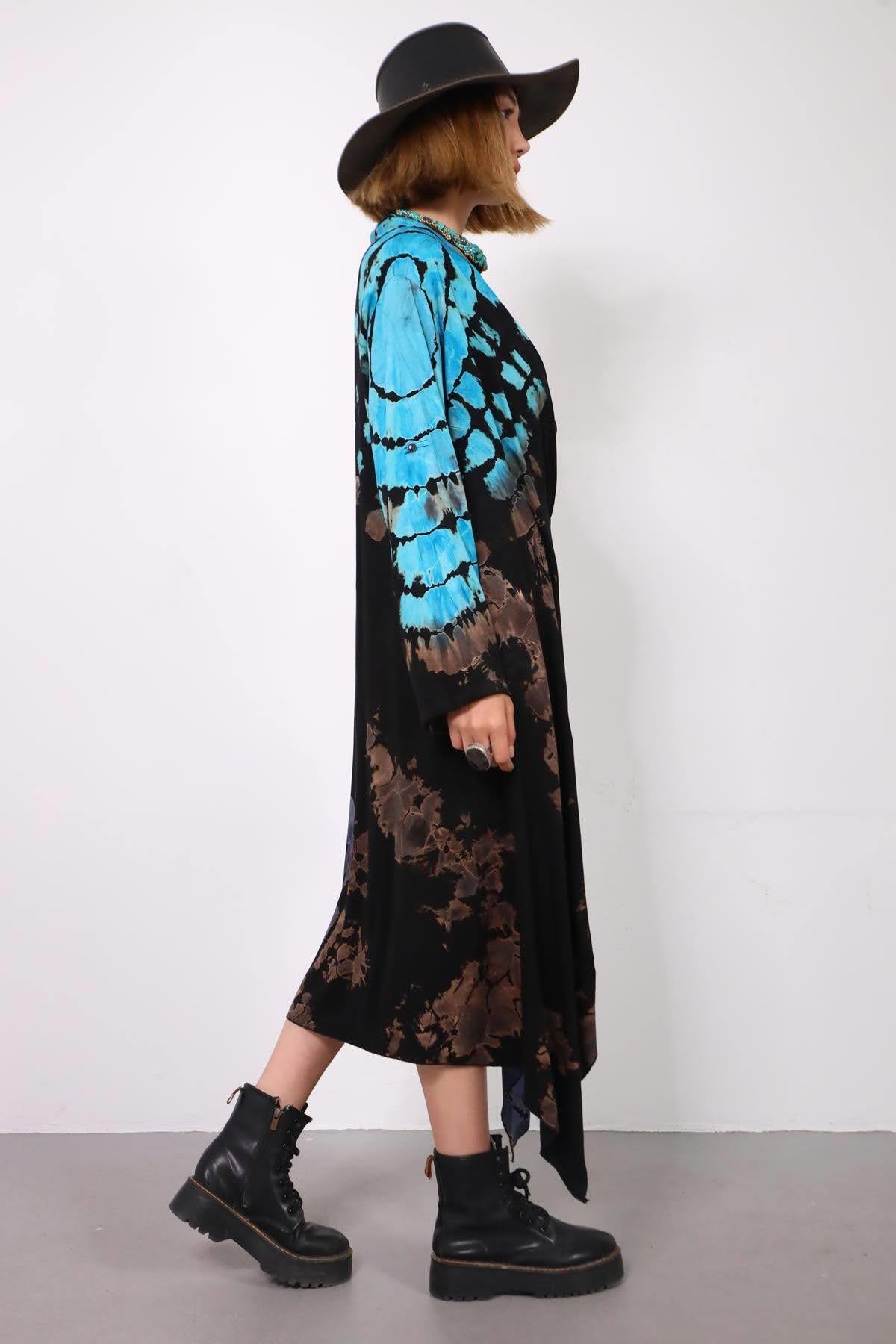 Turkuaz Yaka Detaylı Batikli Elbise - Şaman Butik Turkuaz Yaka Detaylı Batikli Elbise