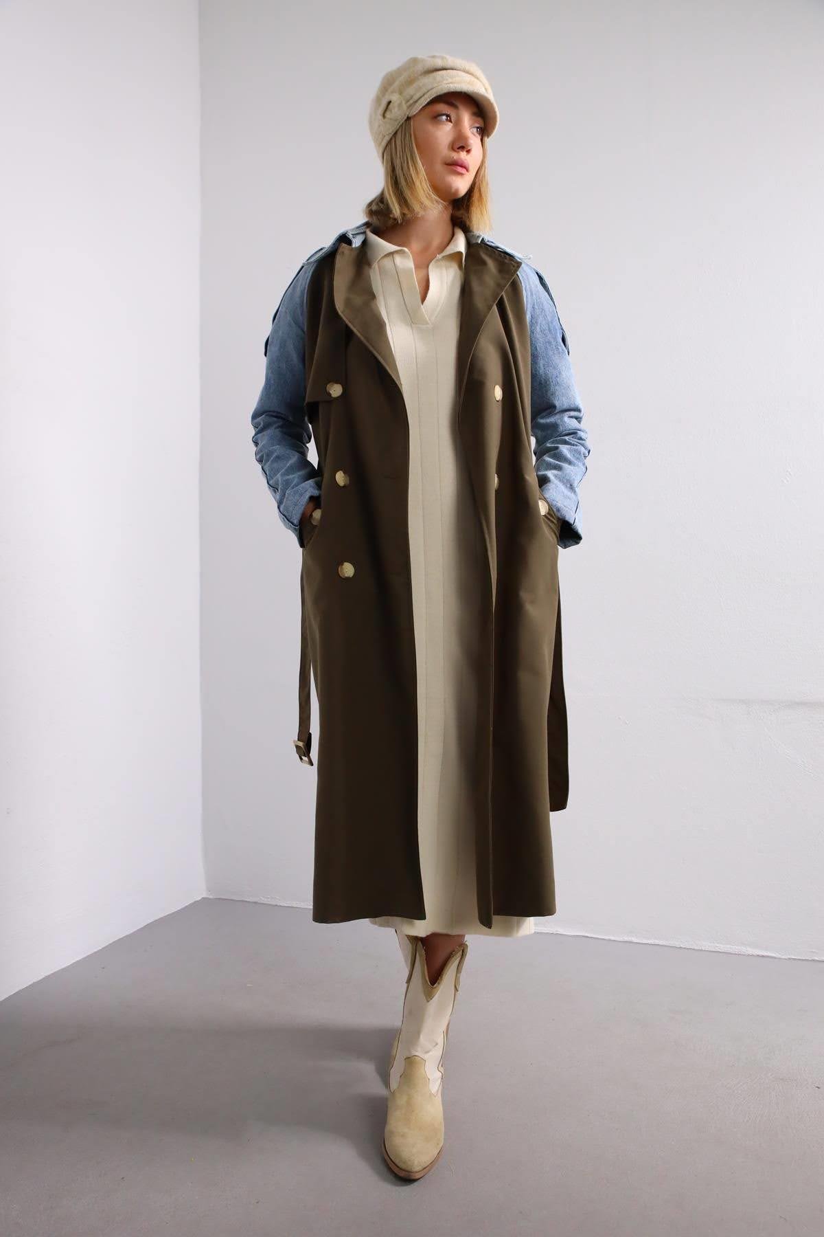  Haki Kolları Kot Detaylı Trençkot