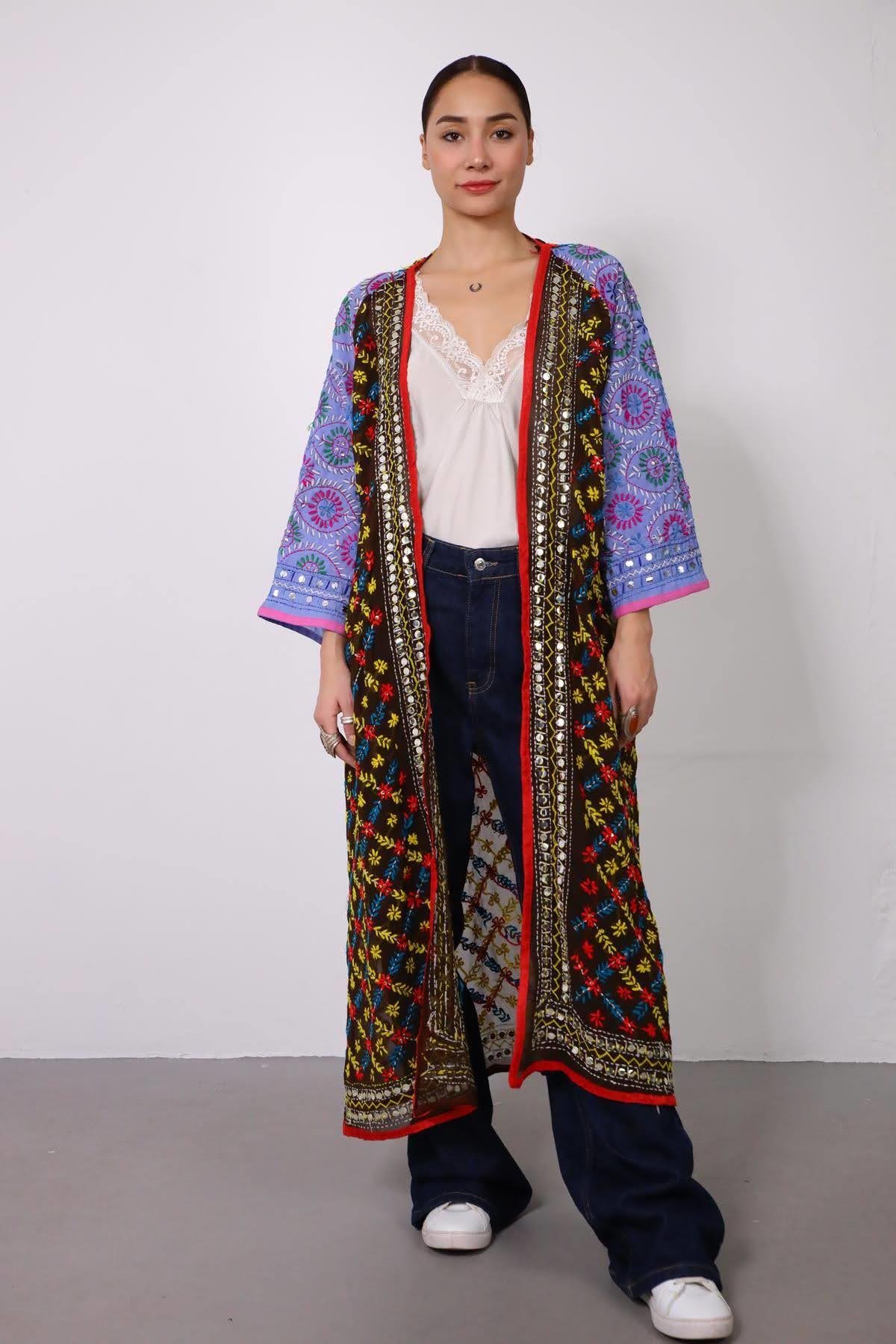 Mavi İşlemeli Bohem Kaftan - Şaman Butik Mavi İşlemeli Bohem Kaftan