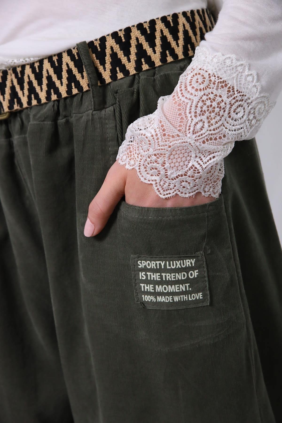 Haki Kemerli Kadife Pantolon - Şaman Butik Haki Kemerli Kadife Pantolon