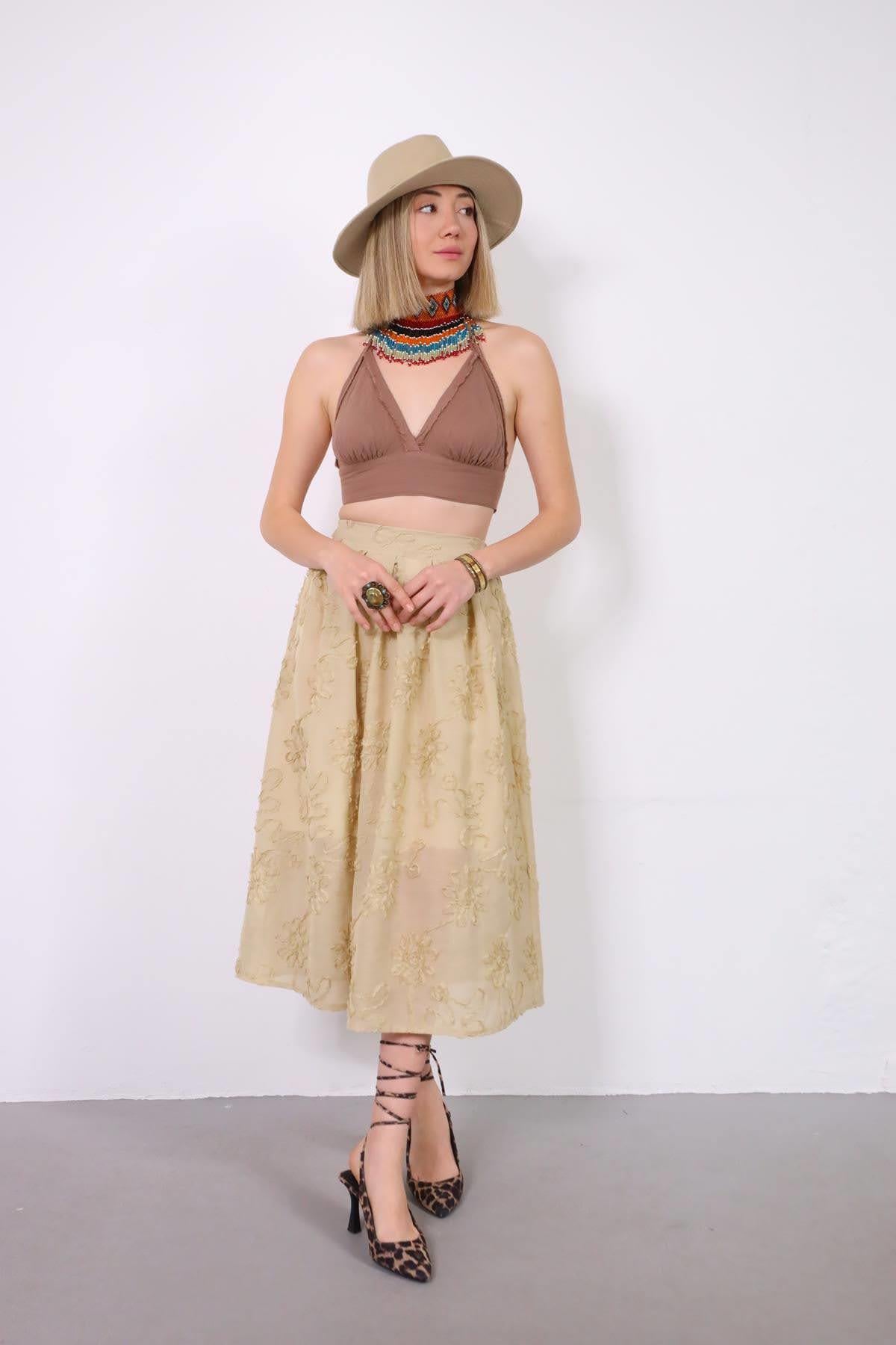 Kahverengi Püsküllü Boyundan Bağlamalı Crop Bluz - Şaman Butik Kahverengi Püsküllü Boyundan Bağlamalı Crop Bluz