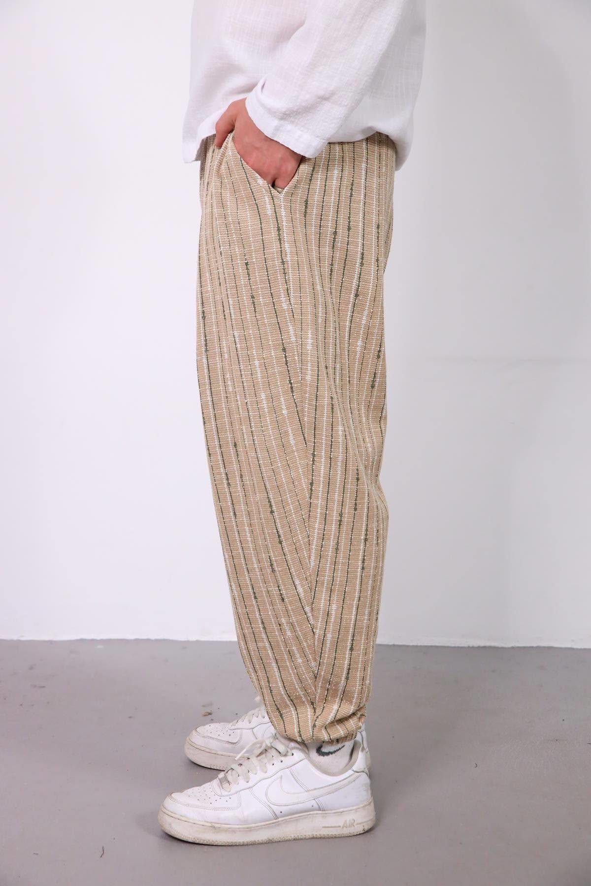  Bej Beli Pileli Paçası Büzgülü Çizgili Erkek Pantolon