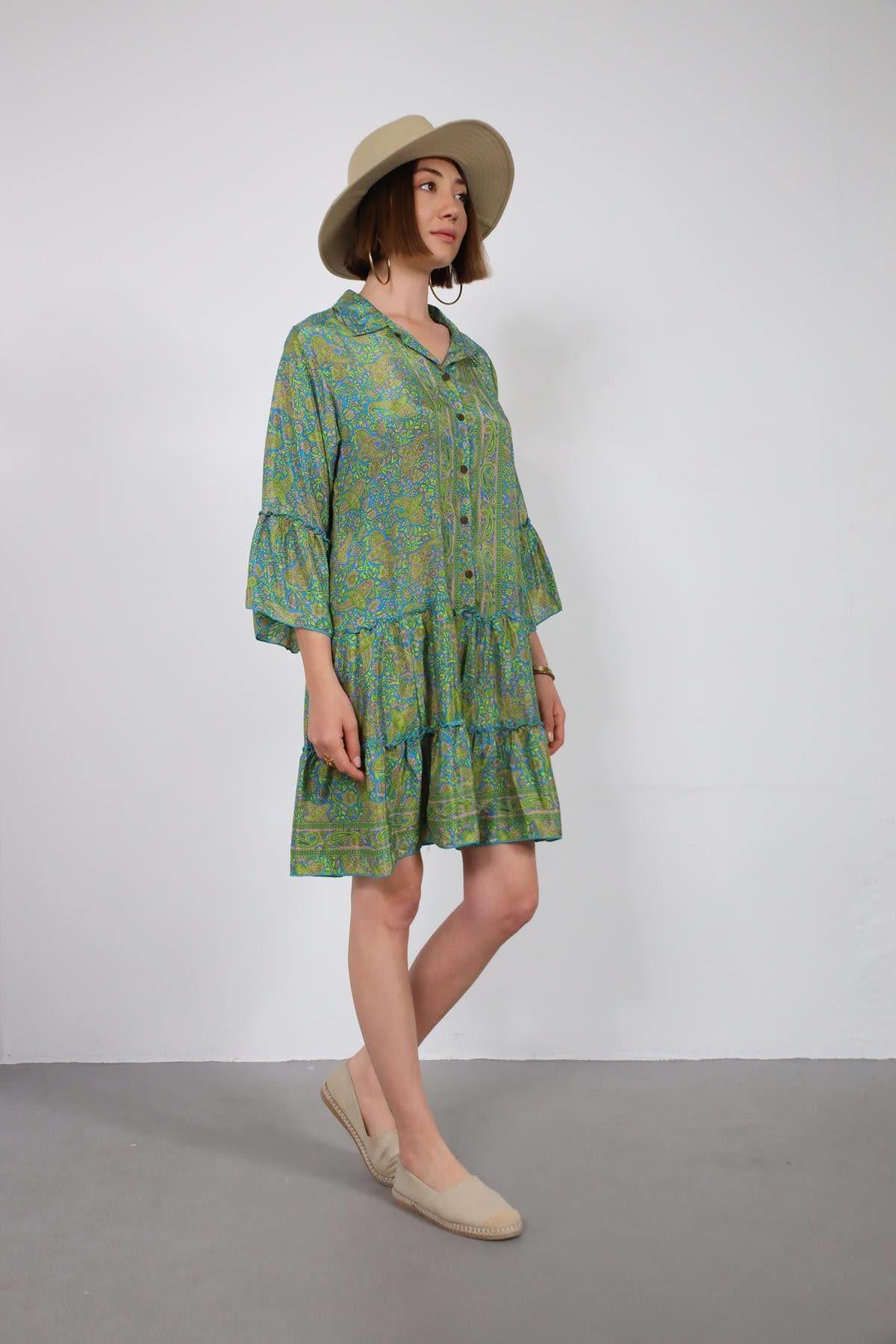 Yeşil Gömlek Yaka Kolları Volanlı Düğmeli Otantik Elbise - Şaman Butik Yeşil Gömlek Yaka Kolları Volanlı Düğmeli Otantik Elbise