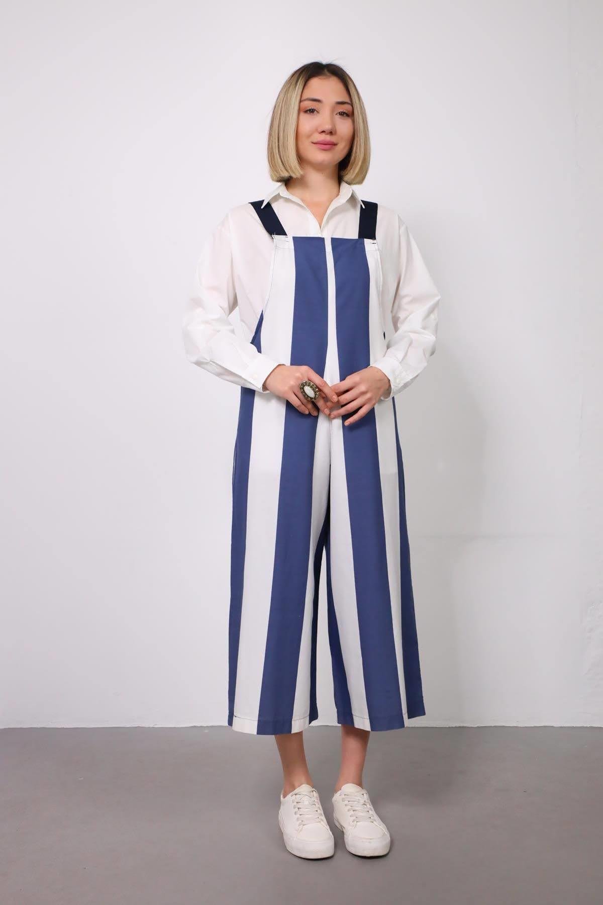 Mavi Çizgili Salopet Tulum - Şaman Butik - Bohem Giyim ve Aksesuar | Kadın & Erkek Mavi Çizgili Salopet Tulum