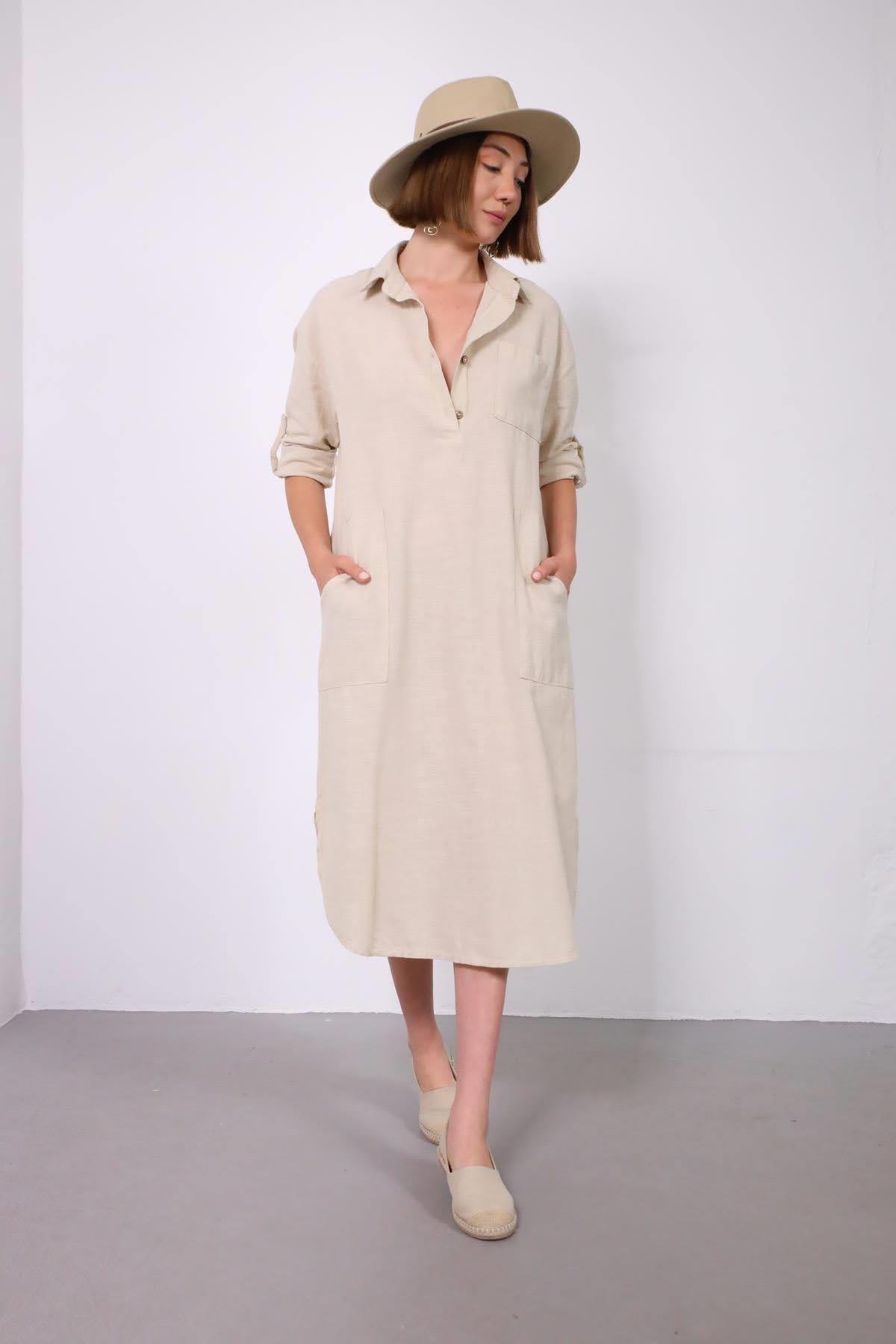  Krem Rengi Gömlek Yaka Cepli Yırtmaçlı Keten Elbise