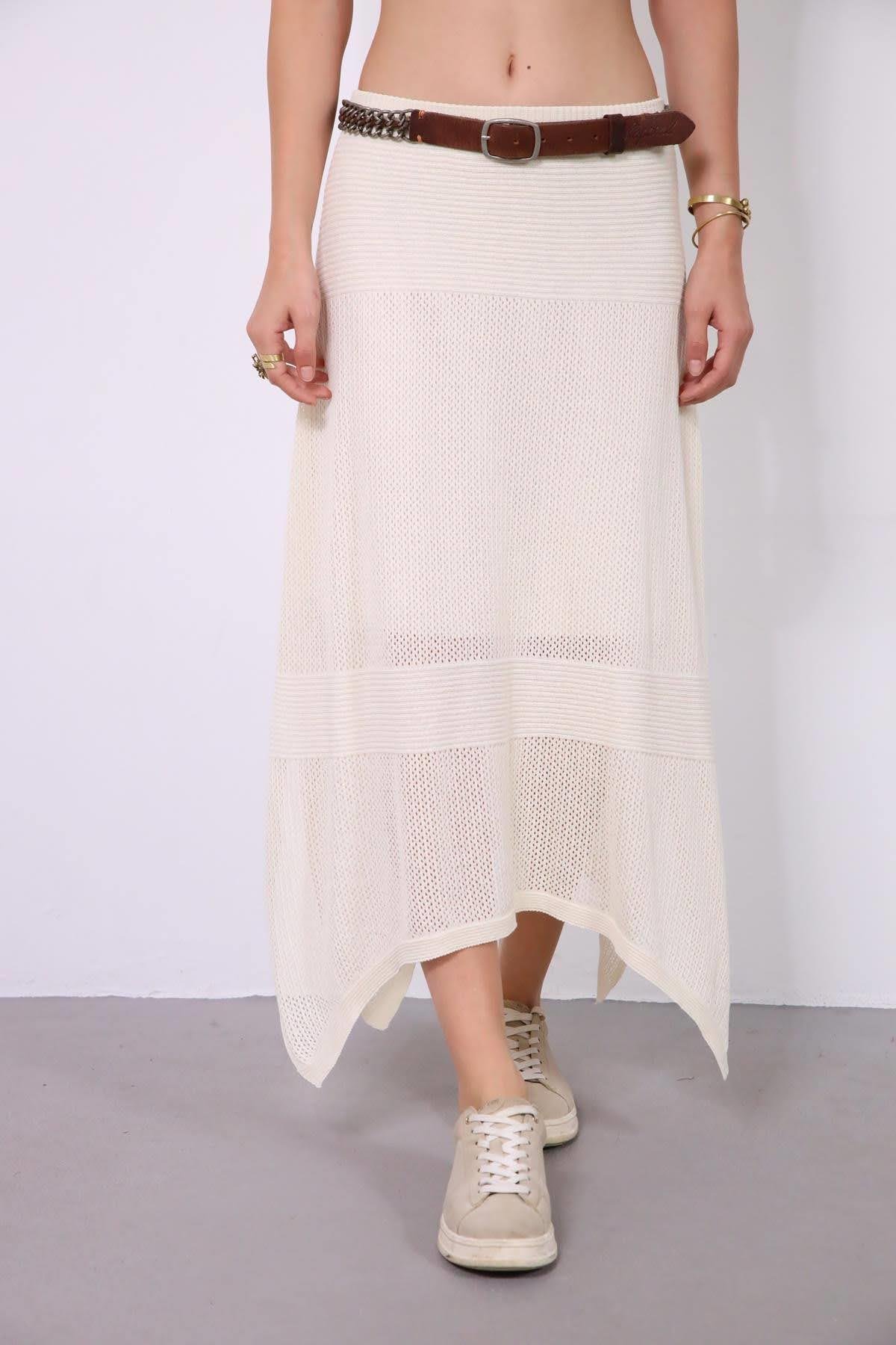  Ekru Yanları Uzun File Örme Etek