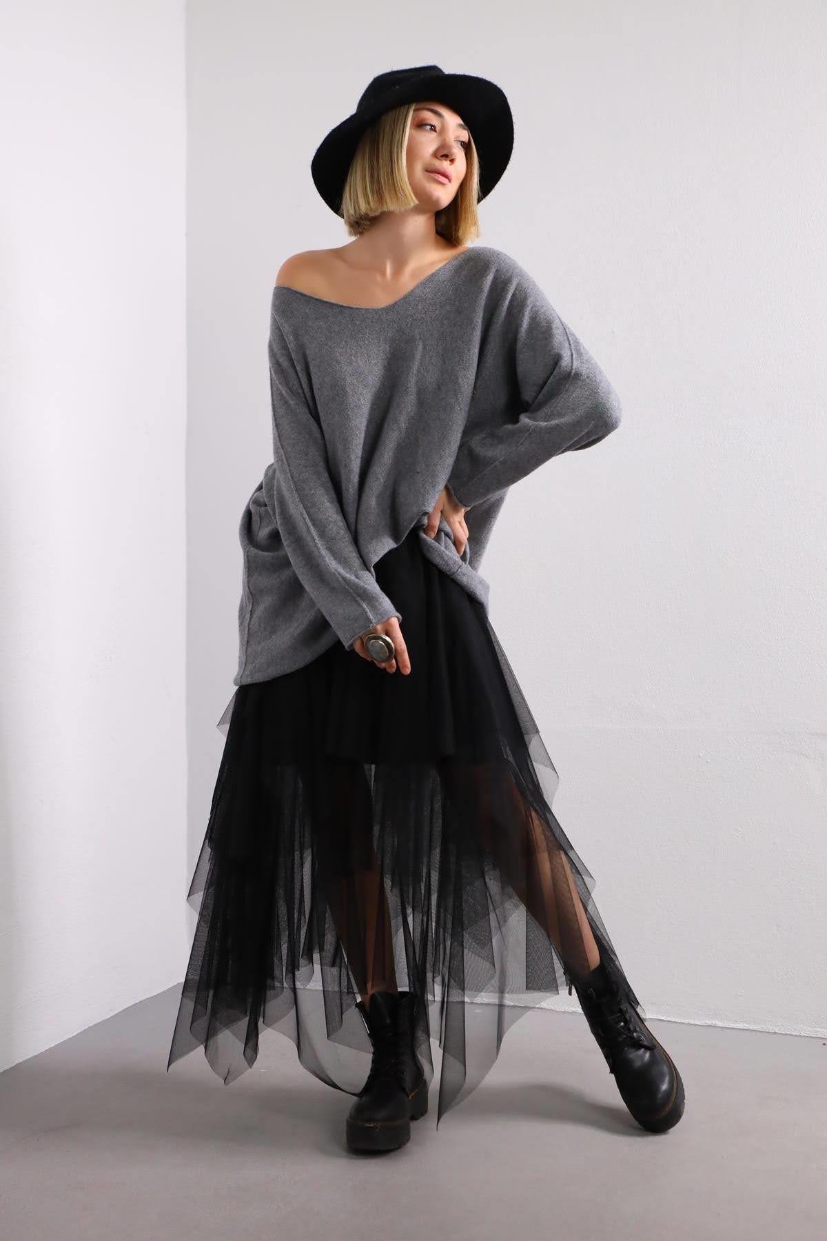 Black Elastic Waist Layered Tulle Skirt - Saman Butik | Shop Online Black Elastic Waist Layered Tulle Skirt 