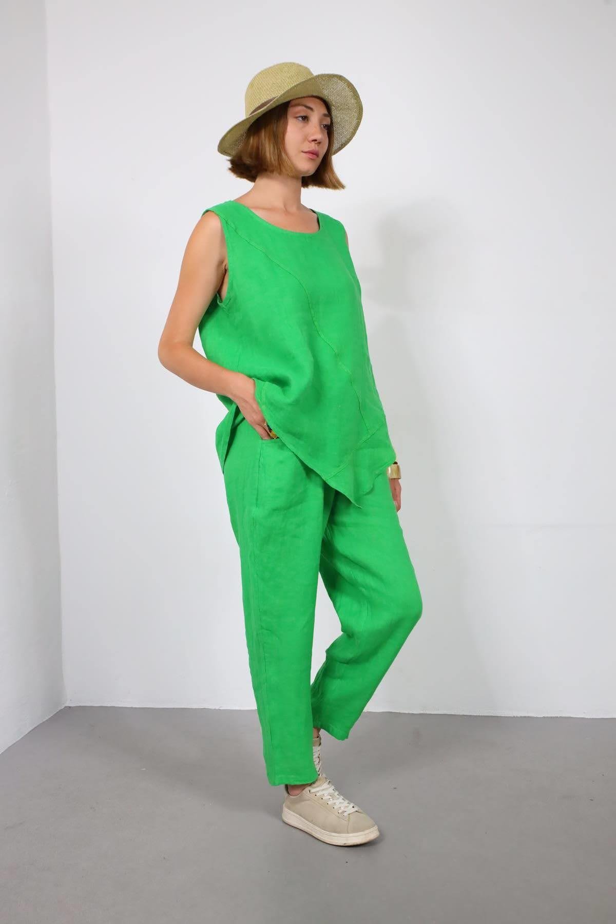  Yeşil Dikişli Sıfır Kol Bluz ve Pantolon Keten Takım
