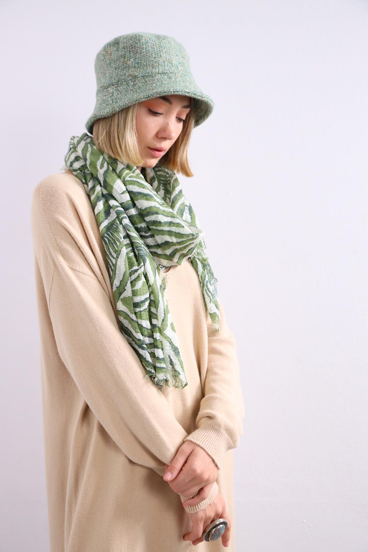  Fıstık Yeşili Desenli Saçaklı Şal