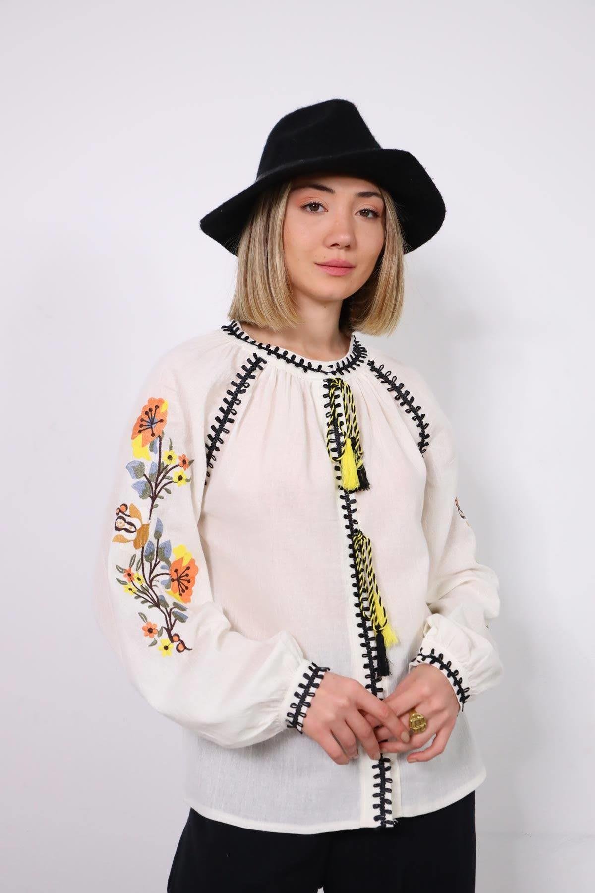 White Double Pompom Embroidered Sleeve Shirt - Saman Butik | Shop Online White Double Pompom Embroidered Sleeve Shirt