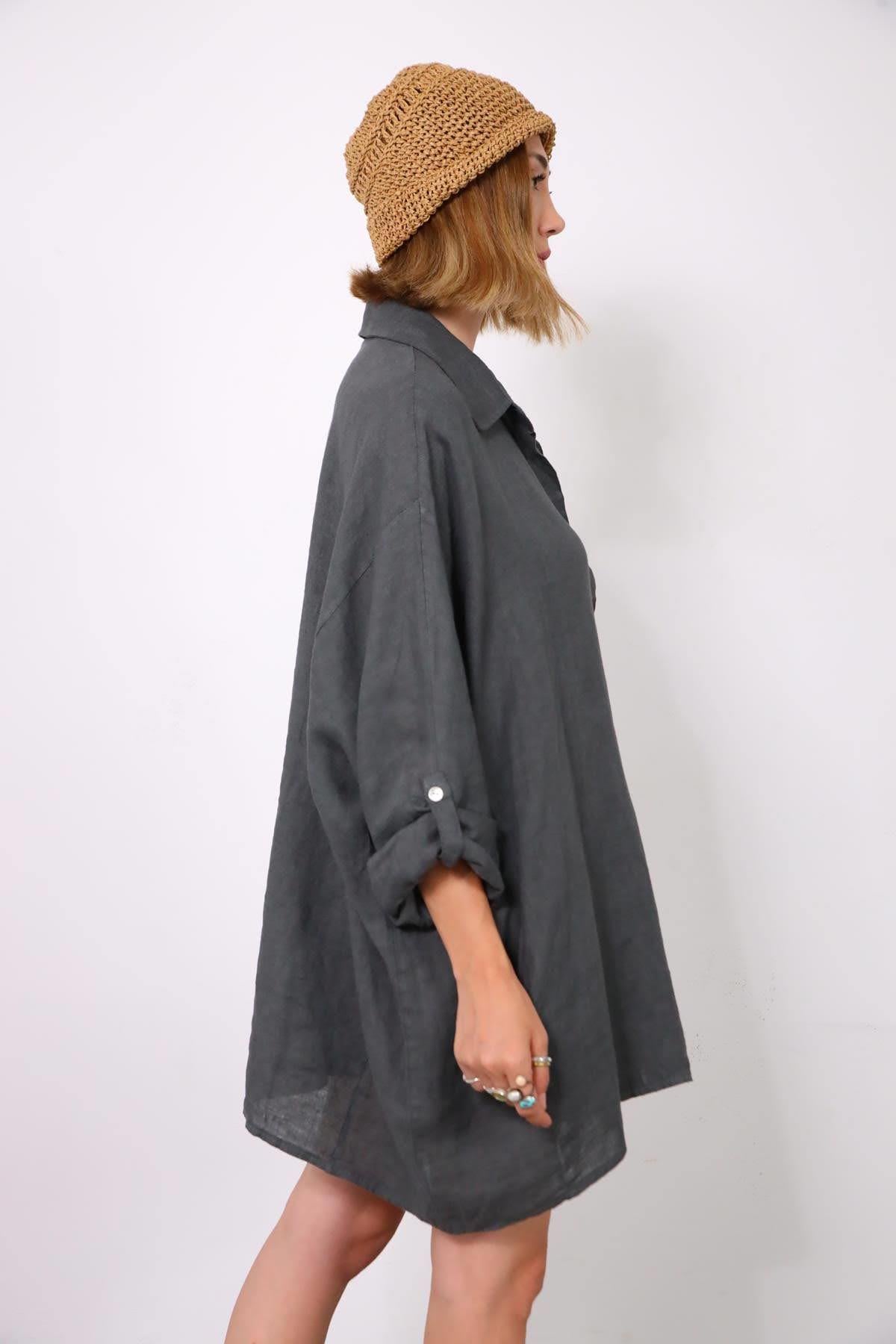 Antrasit Kolları Apoletli Uzun Keten Gömlek - Şaman Butik Antrasit Kolları Apoletli Uzun Keten Gömlek