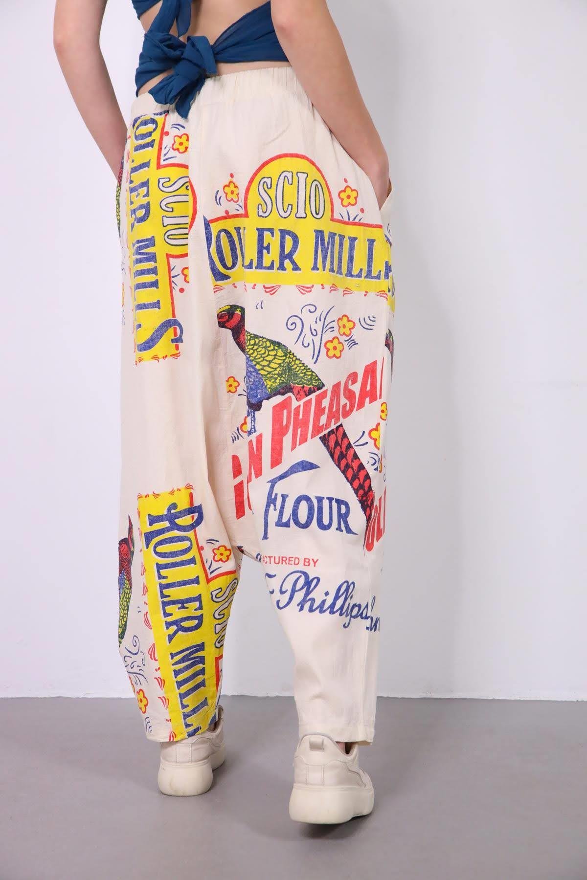  Ekru Renkli Yazılı Beli Lastikli Şalvar